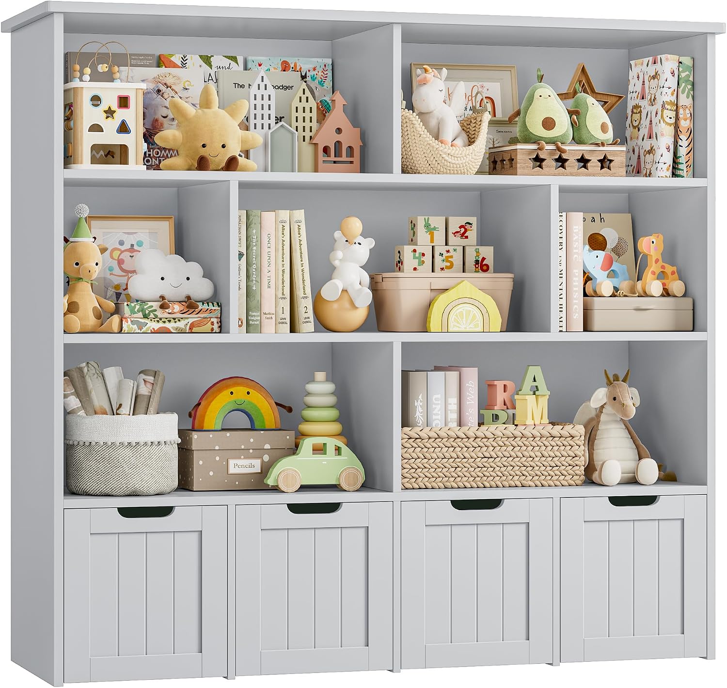 FINETONES Toy Storage Organizer, Kids Bookshelf with 4 Movable Chests and 7 Storage Cubes, Toy Chest Storage Shelf Organizer with Hidden Wheels, Toy Organizers and Toy Storage, Grey