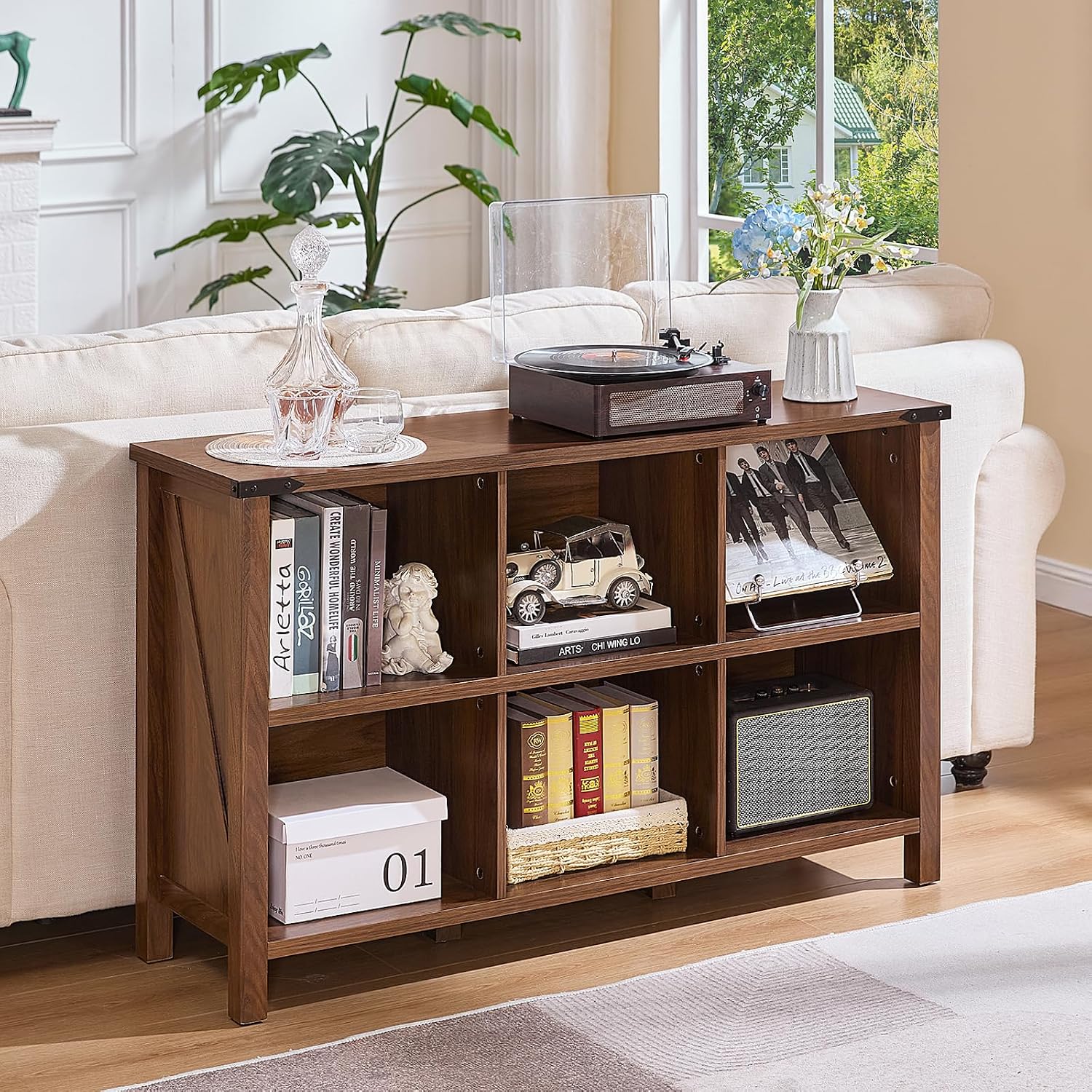 Joaxswe Farmhouse 6 Cube Book Shelf, Wood 3 Tier Storage Organizer Bookshelf, Brown Walnut 47' Horizontal Cubby Bookcase with Legs, Rustic Entryway Book Case, Long Display Cabinet for Bedroom, Office
