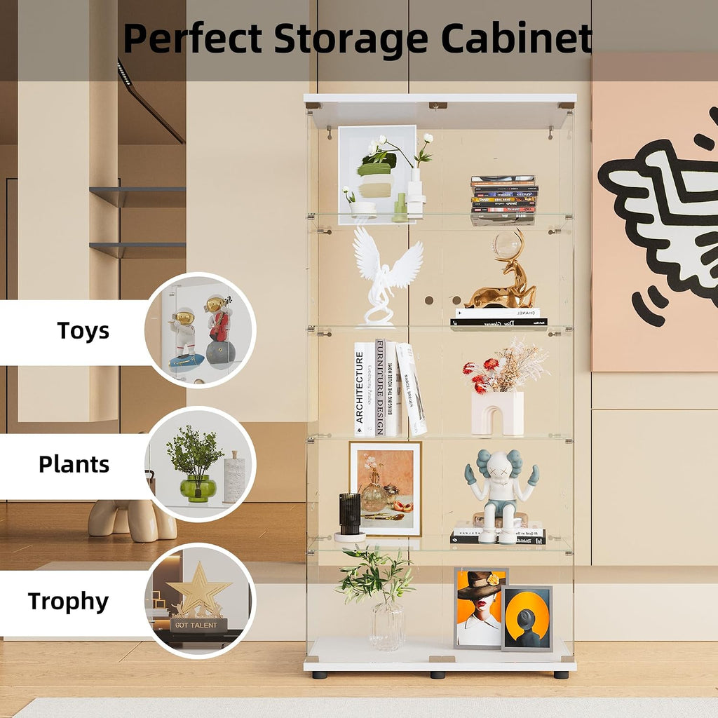 Beauty4U Glass Display Cabinet with 5 Shelves, Curio Cabinets for Living Room, Bedroom, Office, White Floor Standing Glass Bookshelf, Quick Installation