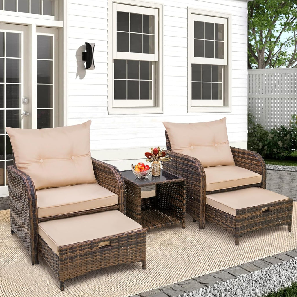 5 Pieces Patio Chairs Set with Ottomans, All Weather PE Rattan, Outdoor Conversation Furniture with Table, Beige