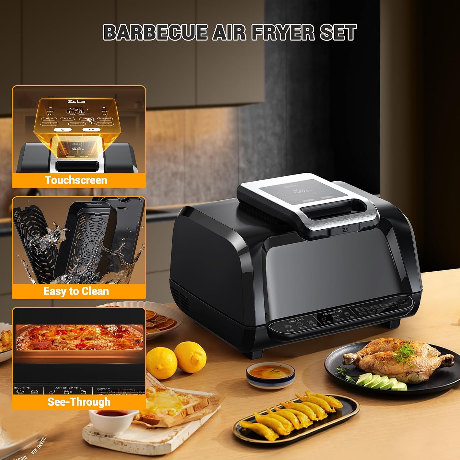 1750W smokeless Indoor Grill Air Fryer Combo, 7-In-1 Smokeless Electric Air Grill with See-Through Window, Non-Stick Removable Plates, Oil-Free Cooking Up to 450°F, Tongs, 4QT, Black