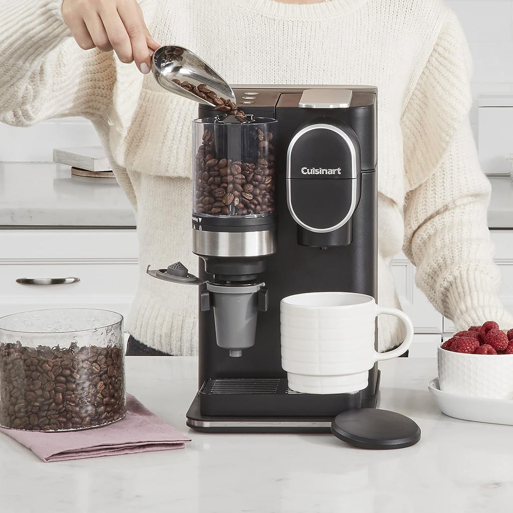 Cuisinart Single Serve Coffee Maker + Reusable Filter Cup, 48 oz Reservoir, Conical Burr Grinder