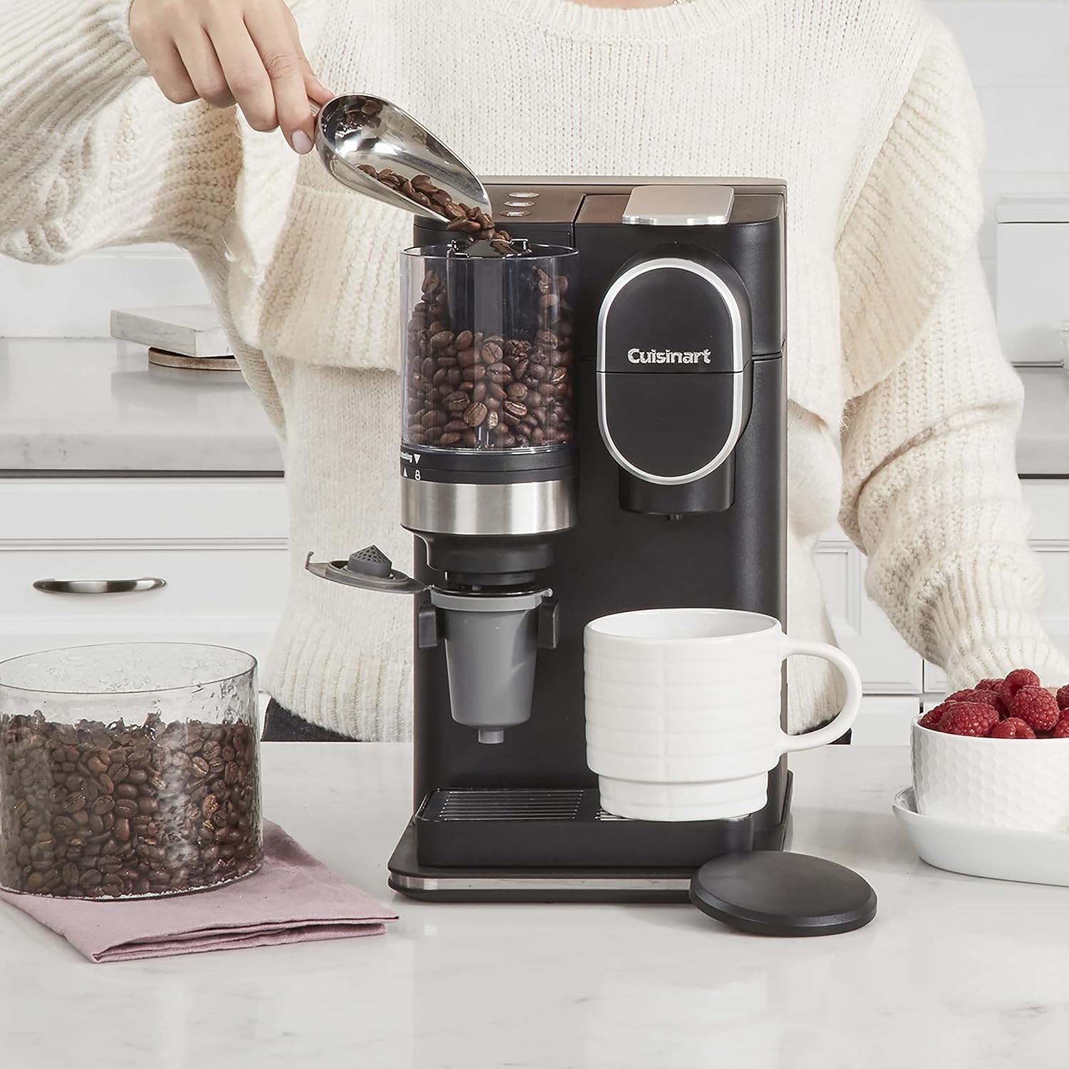 Cuisinart Single Serve Coffee Maker + Reusable Filter Cup, 48 oz Reservoir, Conical Burr Grinder