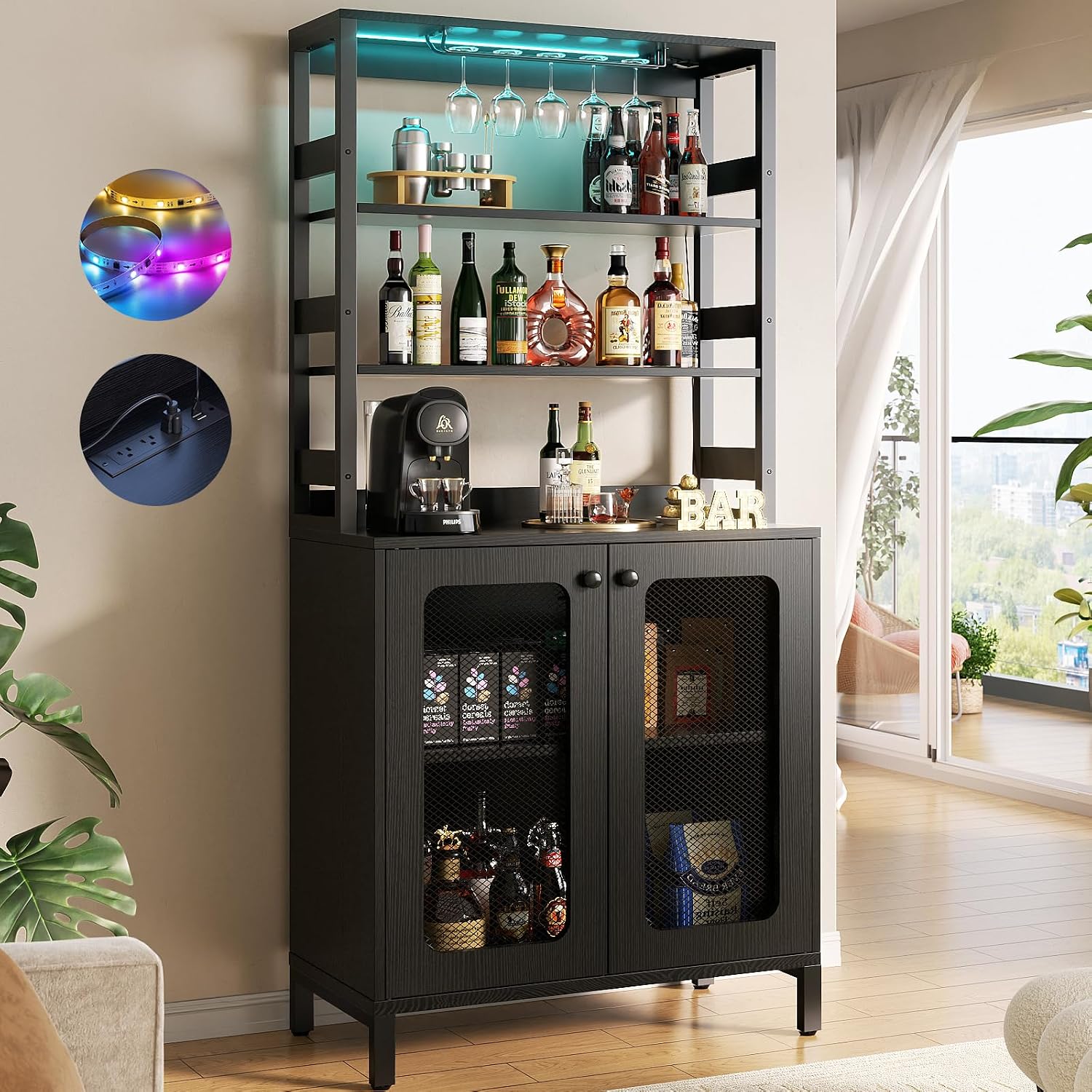 Aheaplus Bar Cabinet with Power Outlets, 67' Tall Wine Bar Cabinet Liquor Cabinets with LED Lights and Glass Holder, Coffee Bars Station for Living Room, Microwave Stand Bakers Rack Cabinets, Black