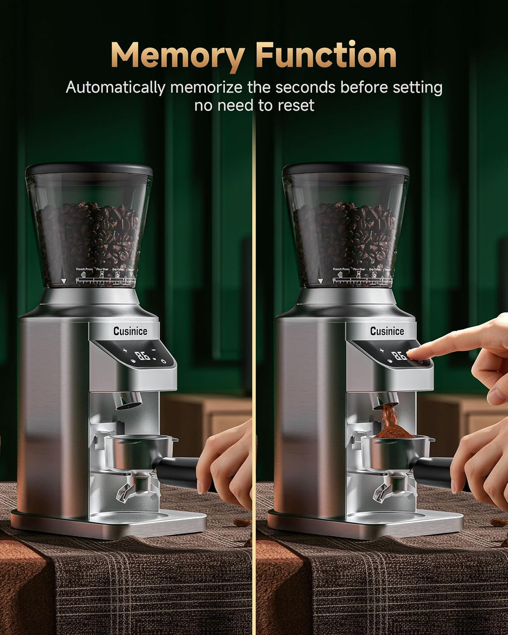 Espresso Coffee Grinder - 48 Precise Grind Settings, Anti-Static 40mm Stainless Steel Burr, 0.1s Electronic Timer, 11.3oz Bean Hopper, Conical Burr Coffee Grinder for Home Use Brushed Silver