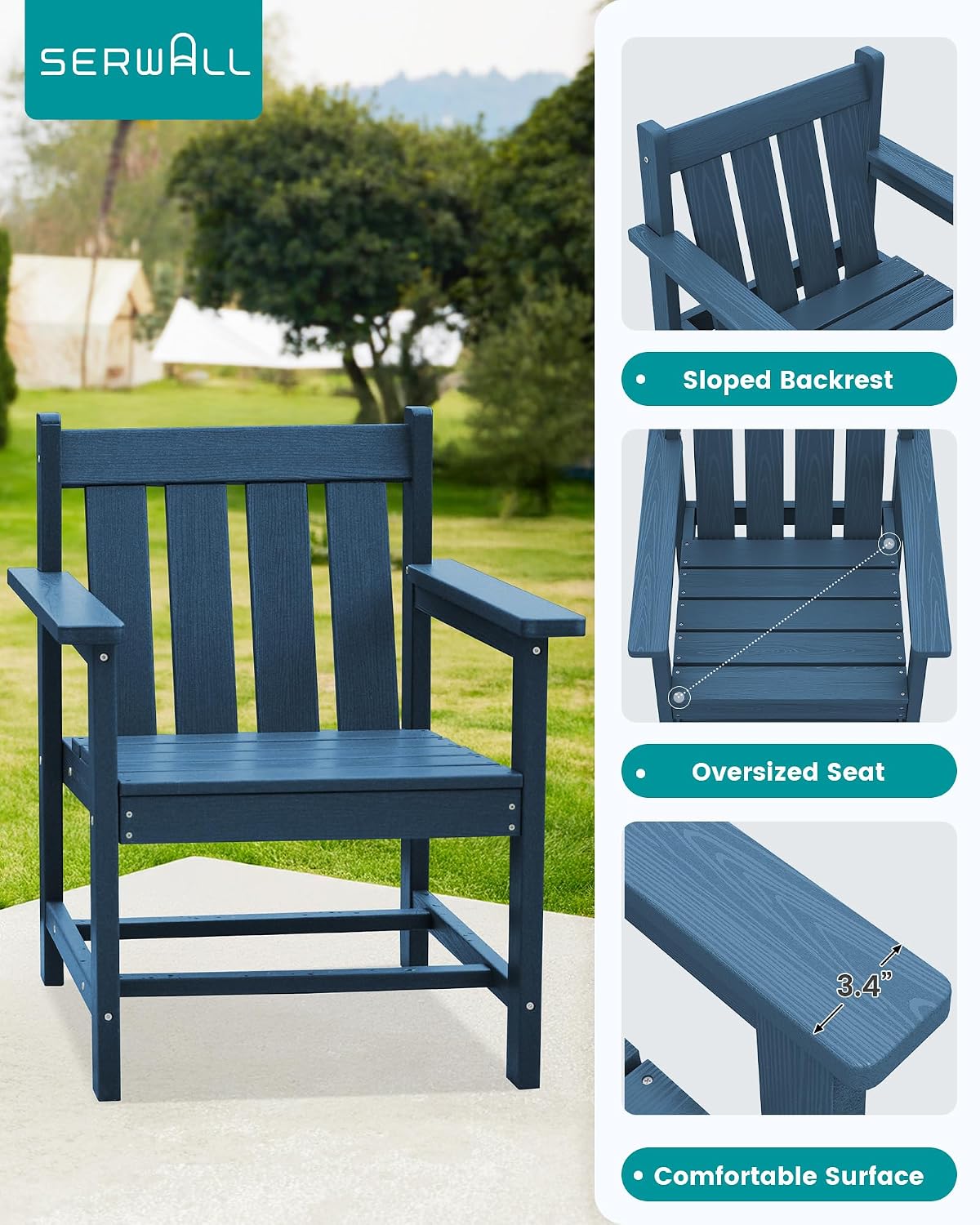 SEWRWALL 3 Pieces Patio Bistro Set, All Weather Adirondack Chair Set with Side Table, HDPE Material Outdoor Patio Furniture Set for Balcony, Porch, Garden, Backyard- Navy