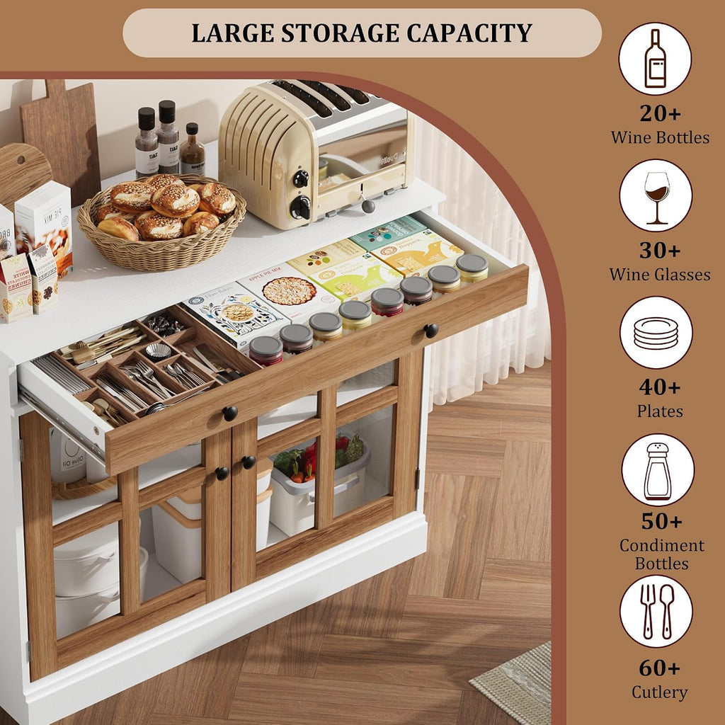 GarveeHome 35.4 in Sideboard Buffet Cabinets with Glass Door, Buffet Cabinet with Storage, White&Brown Sideboard Cabinet with Drawer, Modern Buffets & Sideboards for Dining Room, Kitchen