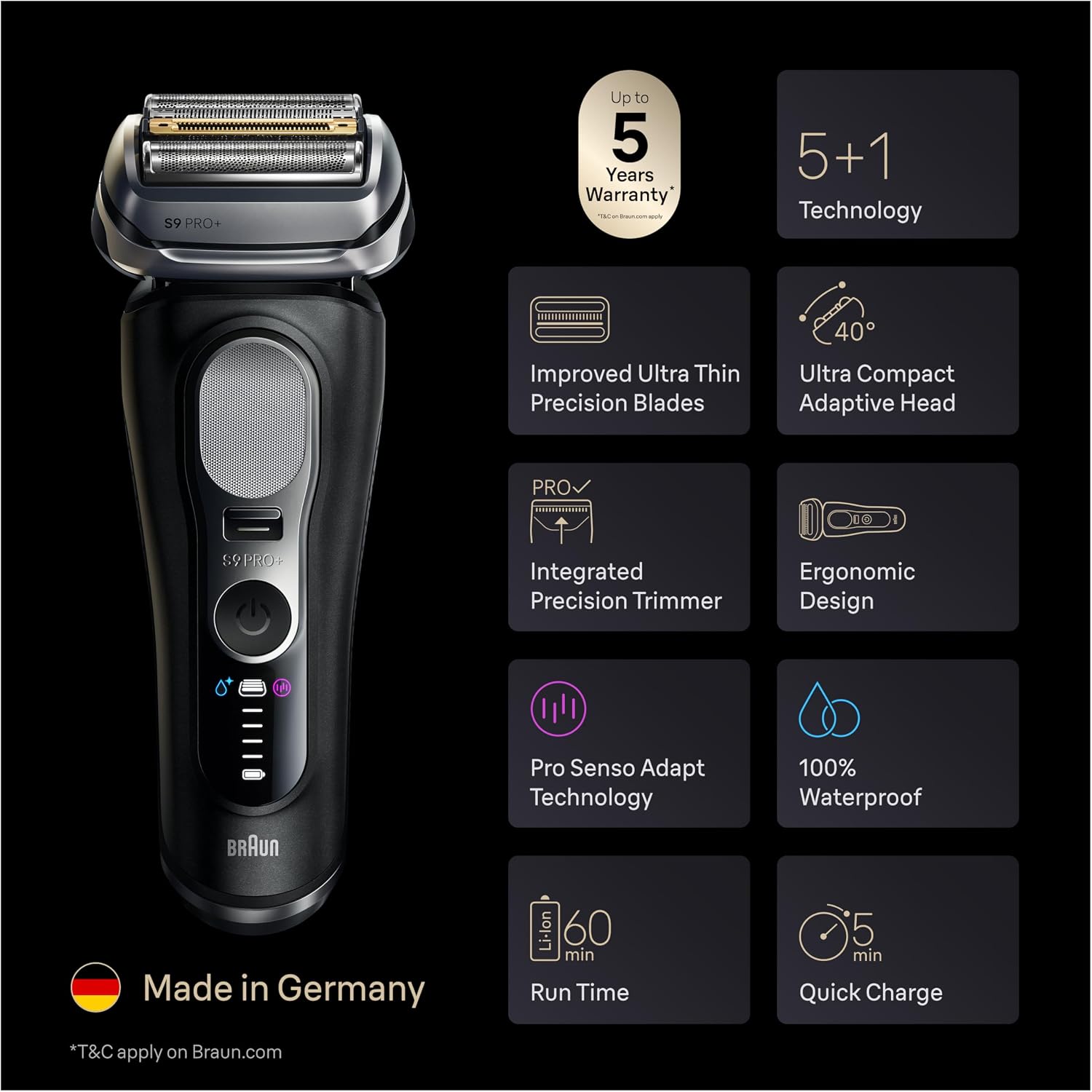 Braun Series 9 PRO+ Electric Shaver, Pro SensoAdapt, 6in1 SmartCare Center, Wet & Dry Razor, 9660CCPS, Black