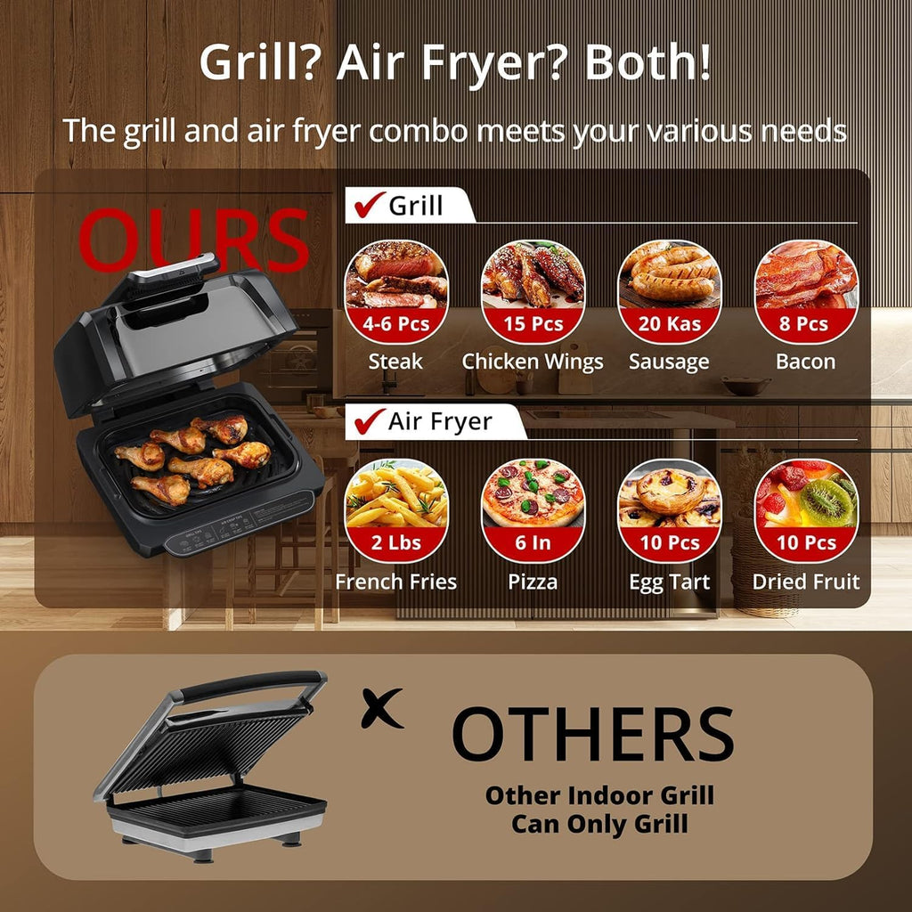 Indoor Grill Air Fryer Combo with See-Through Window, 7-in-1 Smokeless Electric Air Grill up to 450°F, 3000W Contact Grill with Non-Stick Removable Plates, Even Heat, Silicon Tongs as Gift, 4Qt