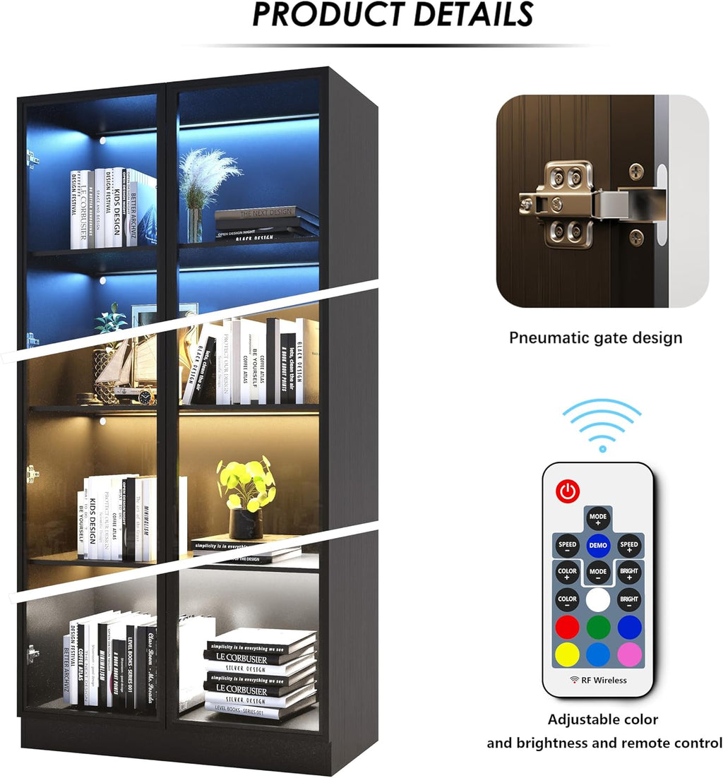 Wildhome Wooden Display Storage Cabinet with Glass Door, LED Lights,Showcase for Collections, Perfume, Vinyl Albums, Bookcase for Home Office, Living Room, Clinic, Pantry (Black- 4 Layers)