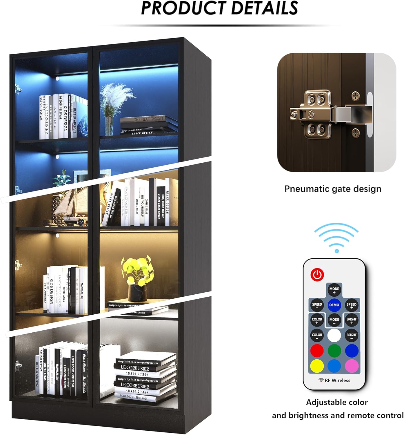 Wildhome Wooden Display Storage Cabinet with Glass Door, LED Lights,Showcase for Collections, Perfume, Vinyl Albums, Bookcase for Home Office, Living Room, Clinic, Pantry (Black- 4 Layers)