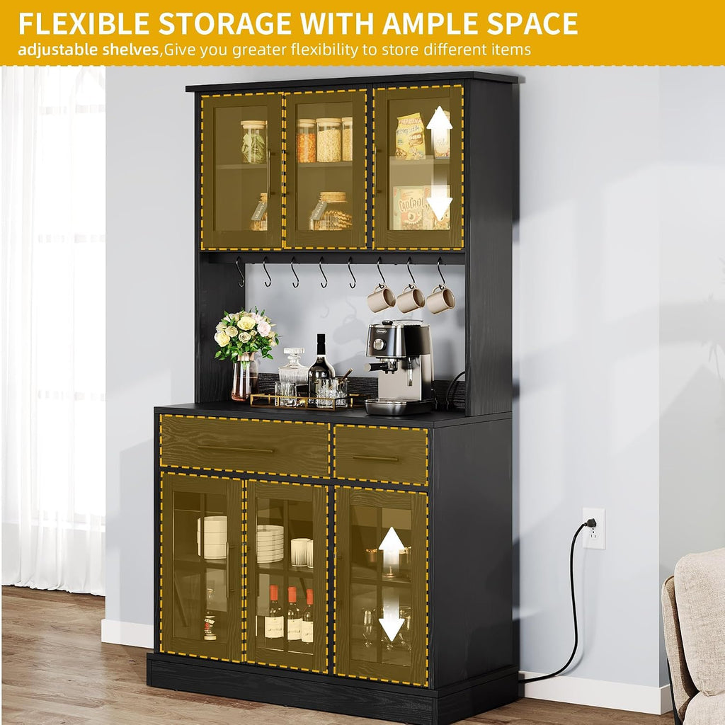 DWVO 2-Pack Kitchen Pantry Storage Cabinet Set, 71'' Tall Coffee Bar Cabinets with Microwave Stand and Power Outlet, Glass Door Kitchen Hutch with Drawers ＆ Shelves for Home Living Dining Room, Black