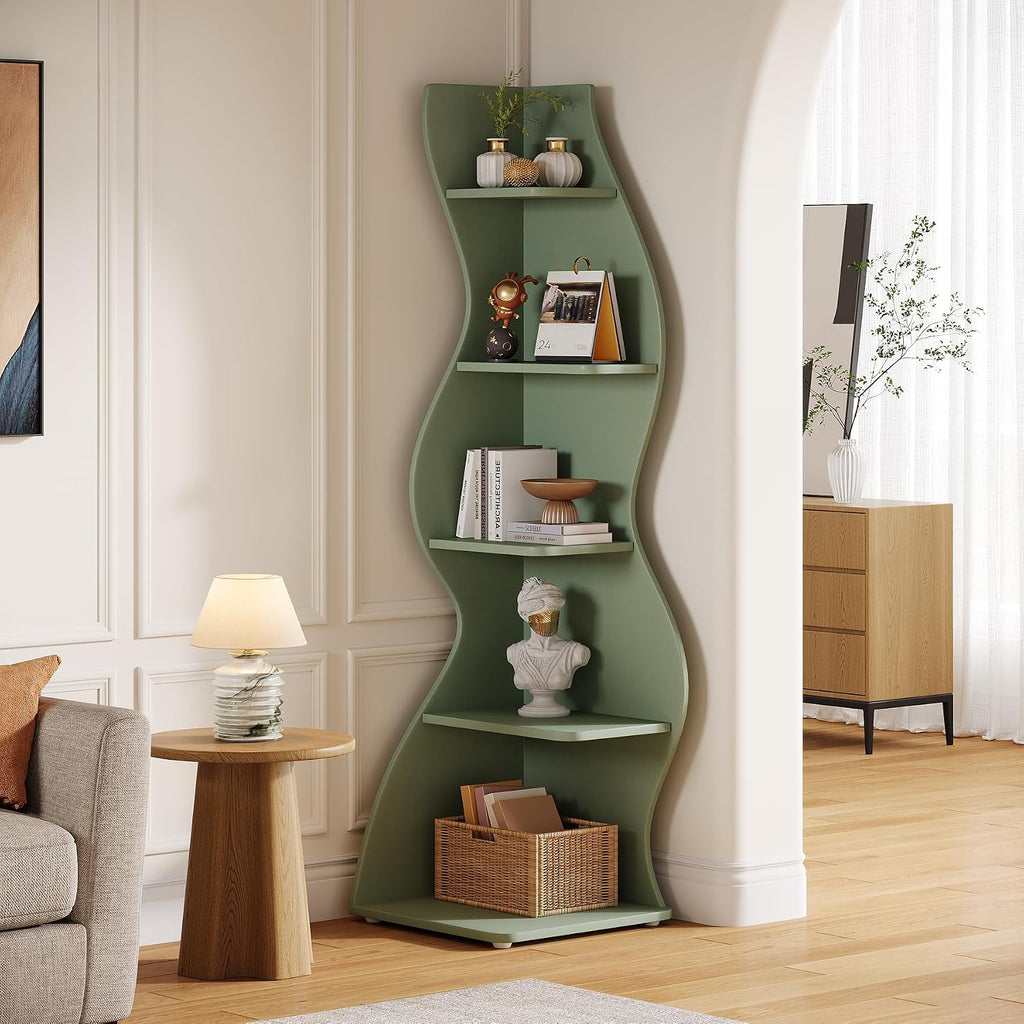 Tribesigns Wavy Corner Shelf Set of 2, Modern 5-Tier Bookshelf Etagere Bookcase with Curvy Shape, Unique Plant Stand Display Shelf for Living Room Small Space (Green)