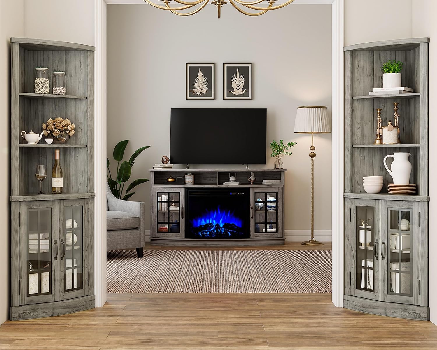 AMERLIFE Curved Corner Storage Cabinet, 65' Tall Freestanding Bookcase with Glass Doors & Adjustable Shelves, 5-Tier Corner Display Cabinet for Living Room, Bathroom, Laundry Room, Washed Grey