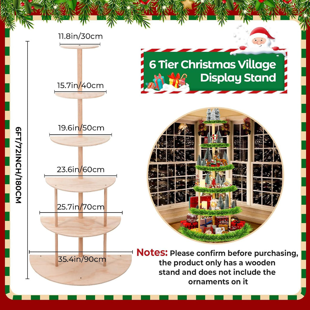 DoubleFill 6 Tier 72 Inch Christmas Tree Village Stand Christmas Bookshelf Display Supply Large Xmas Ornament Displays Tree Stands Xmas Wooden Display Trees Stand for Holiday Displays (Semicircle)