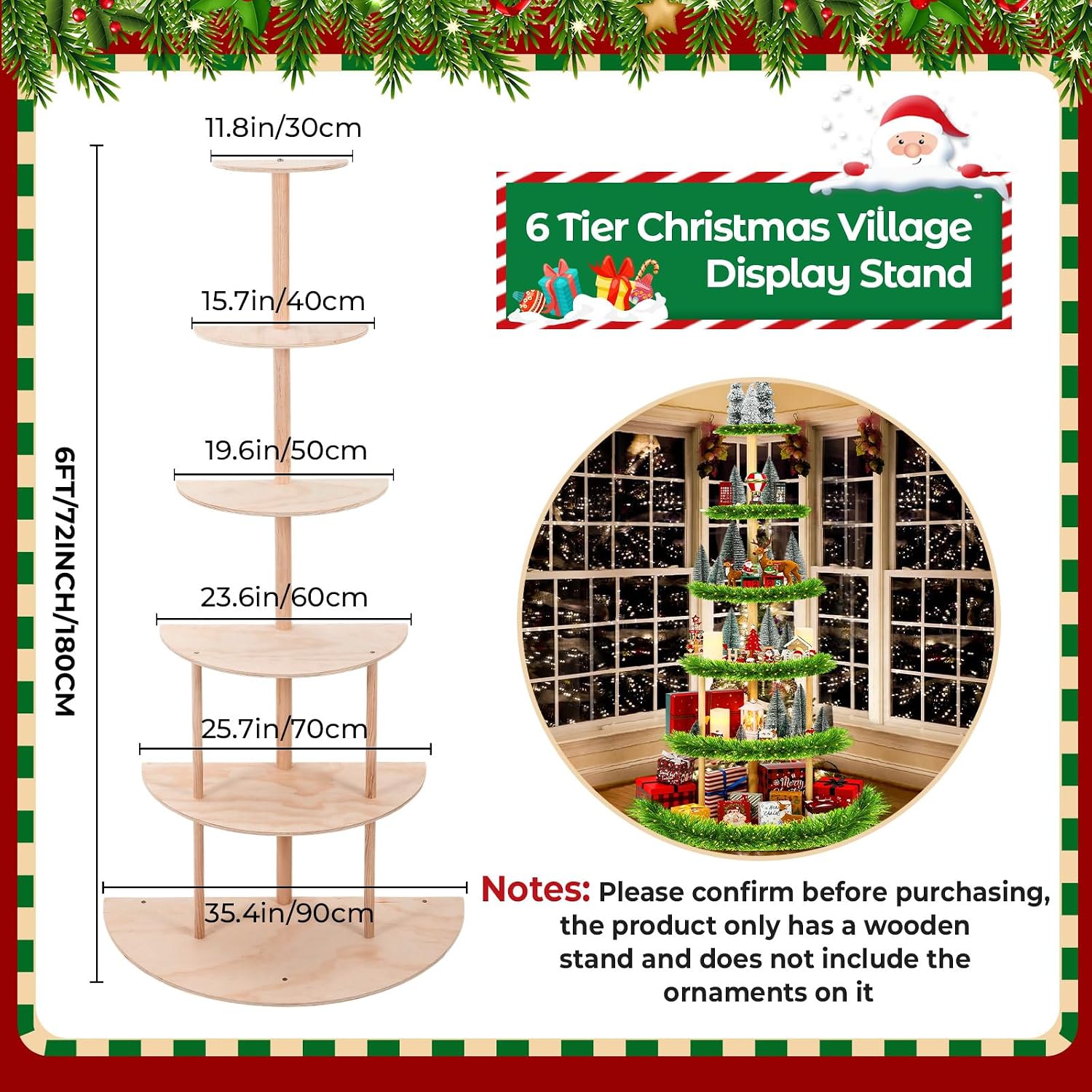 DoubleFill 6 Tier 72 Inch Christmas Tree Village Stand Christmas Bookshelf Display Supply Large Xmas Ornament Displays Tree Stands Xmas Wooden Display Trees Stand for Holiday Displays (Semicircle)
