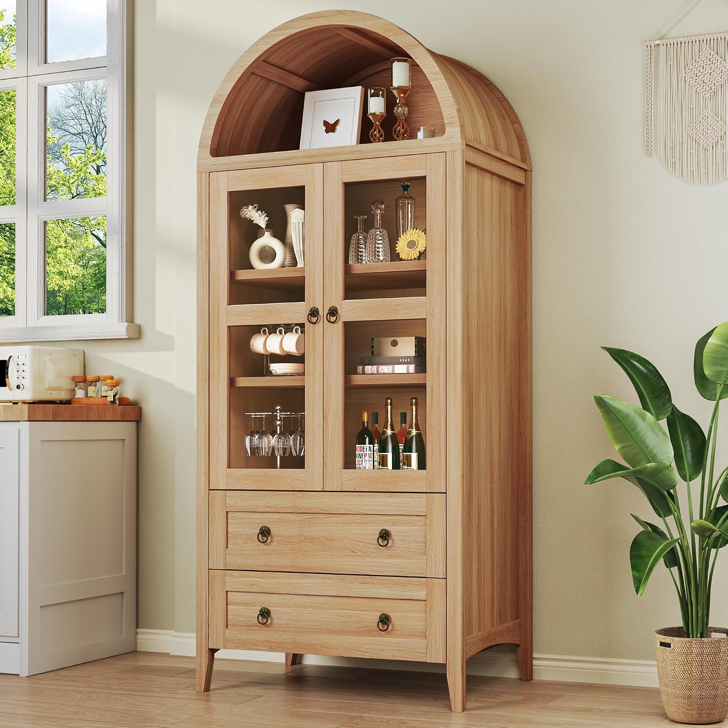 HUAHUU 71' Tall Pantry Cabinet, Arched Cabinet, Kitchen Storage Cabinets with 2 Large Drawers & Adjustable Shelves & Glass Door for Living Room, Kitchen, Dining Room, Natrual