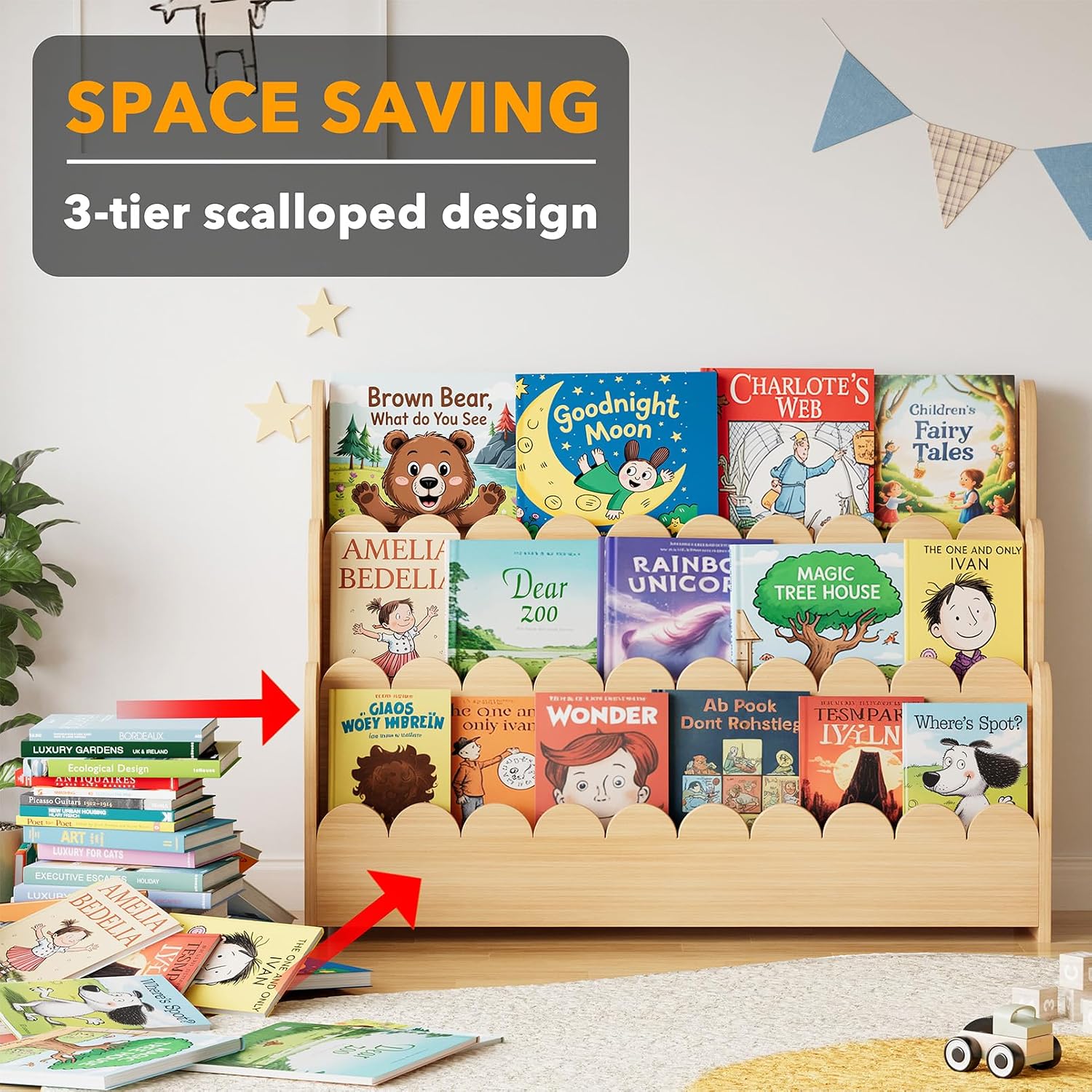 SpaceAid 3-Tier Scalloped Bookshelf, Montessori Bookcase for Toddlers, Wooden Book Shelf Organizer Display Furniture for Kids Rooms, Playroom, Nursery and Classroom, 36.7' Wide, Natural