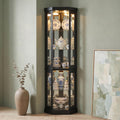 Casaphoria 70' Lighted Corner Curio Cabinet with Glass Doors, Tall Display Cabinet for Collectibles with Mirrored Back and Adjustable Shelves for Living Room and Liquor Storage (Black)