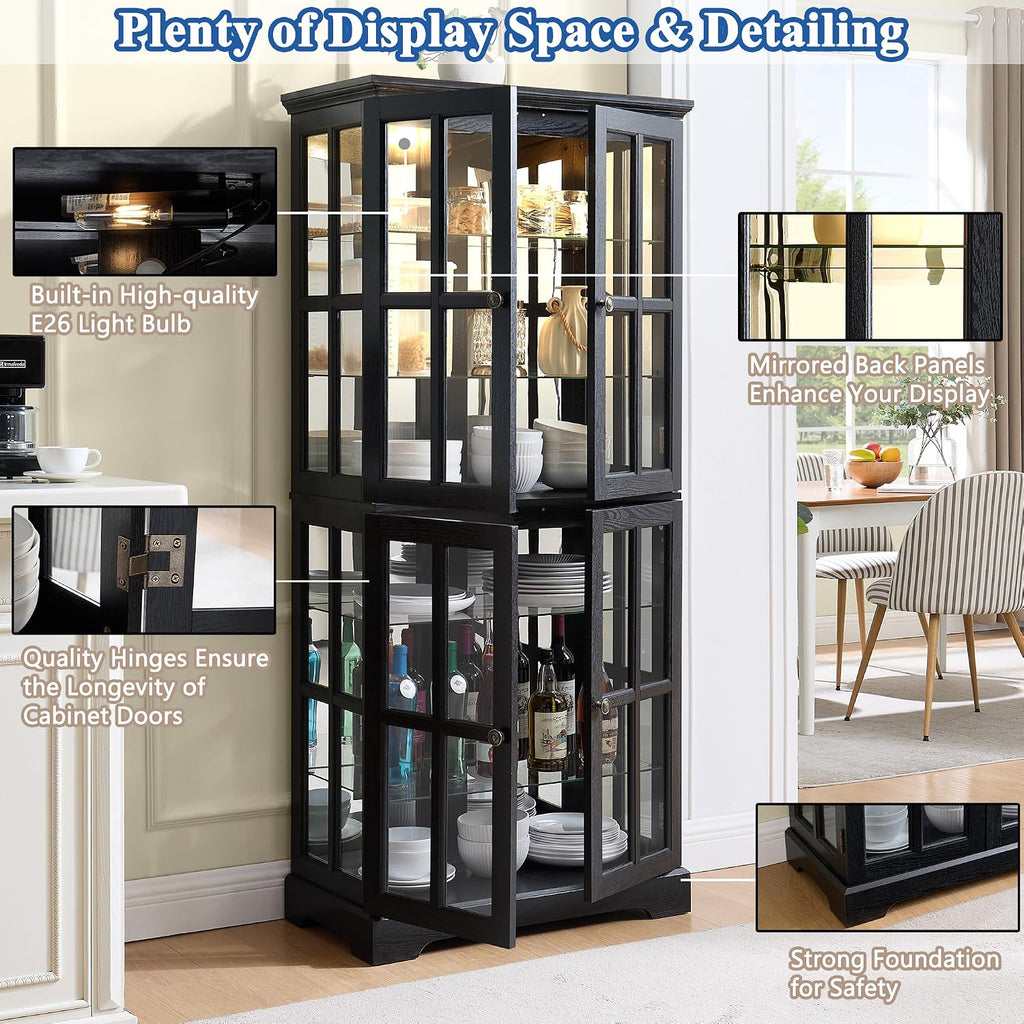 68' H Glass Curio Display Cabinet with Light, 6-Tier Wooden Storage Showcase w/ 4 Glass Doors & Adjustable Shelves, Vintage Accent Cabinet w/Mirrored Back Pane for Home & Office (Black)
