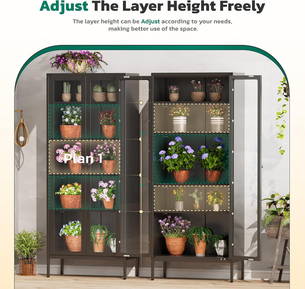 Greenvelly Metal Glass Display Cabinet with 5-Tier Storage Shelves, Tall Curio Cabinet with Glass Doors and Shelves, Black Steel Cabinet Collectibles Display Case for Home Office, Living Room, Pantry