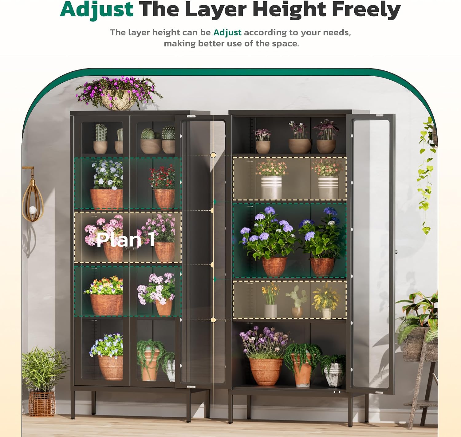 Greenvelly Metal Glass Display Cabinet with 5-Tier Storage Shelves, Tall Curio Cabinet with Glass Doors and Shelves, Black Steel Cabinet Collectibles Display Case for Home Office, Living Room, Pantry