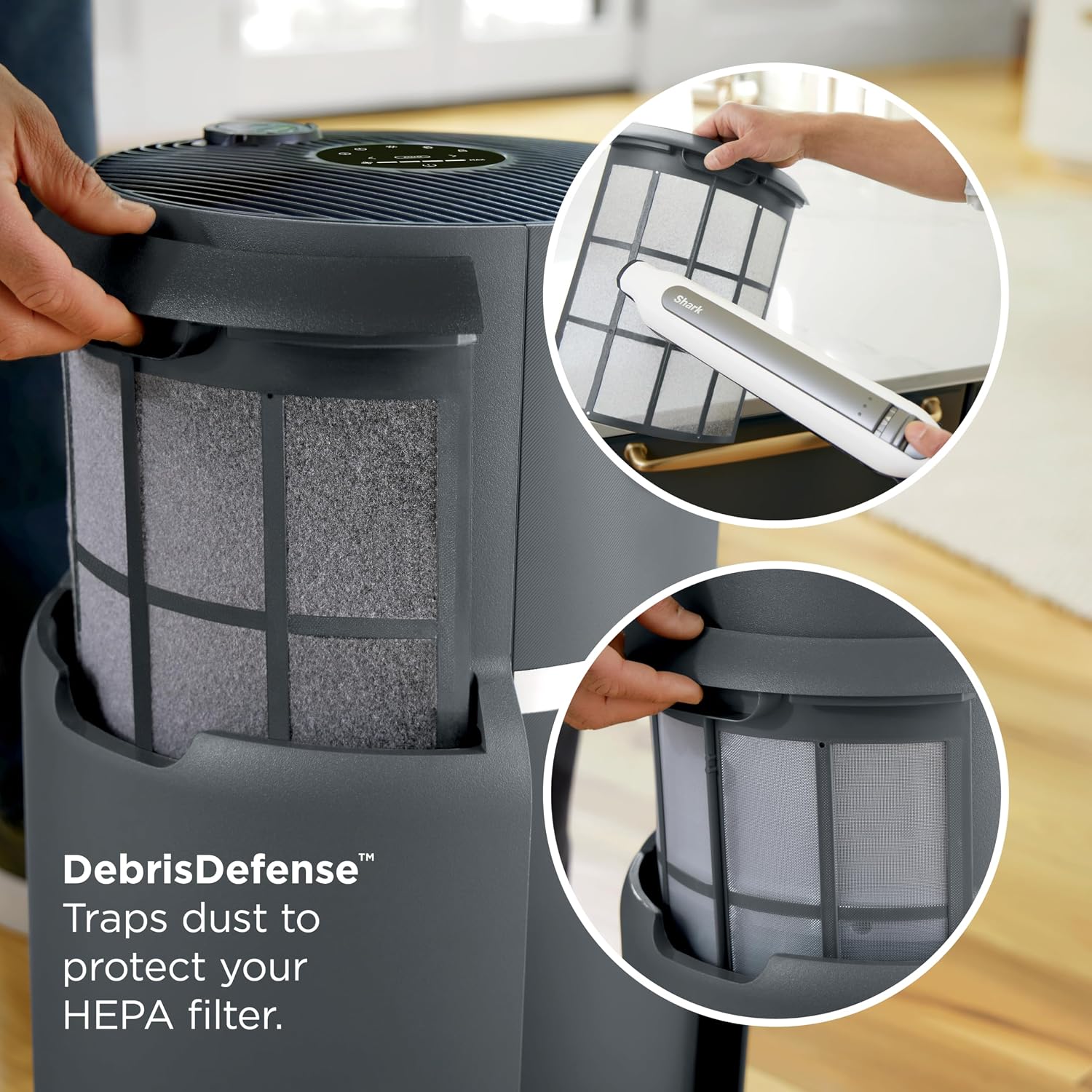 Shark Air Purifier for Home, NeverChange Max, 1,300 sq. ft. for Large Room, Kitchen, Home Office, HEPA-Exceeding Filter, Captures Pollutants, Pet Dander, Dust, Odor, Smoke, and More, HP301, Grey