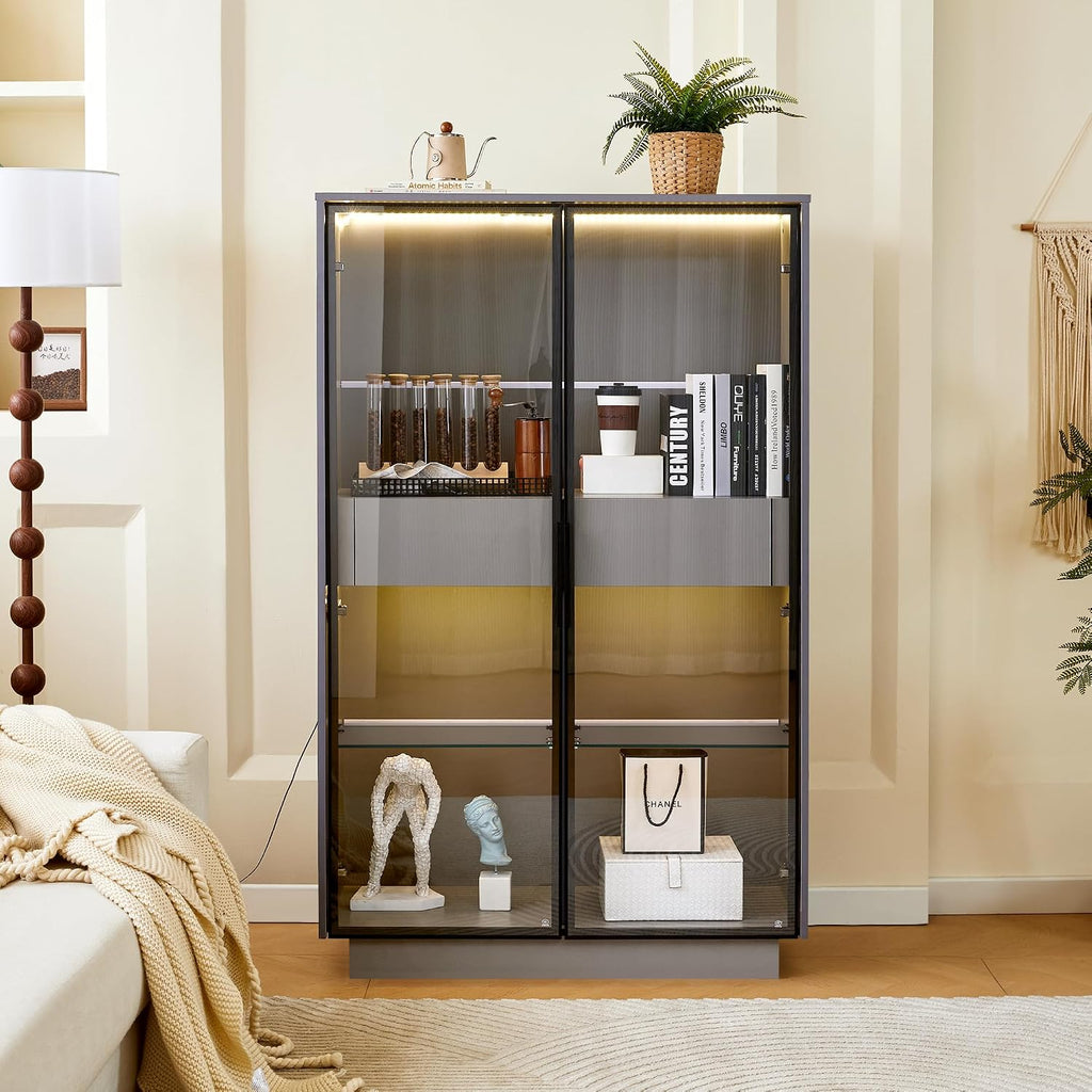Merax Modern 4 Tier Bookshelf Bookcase with Glass Doors & 2 Drawers, 60.6' Tall Wood Display Cabinet with Adjustable Shelves for Living Room, Bedroom, Office Grey