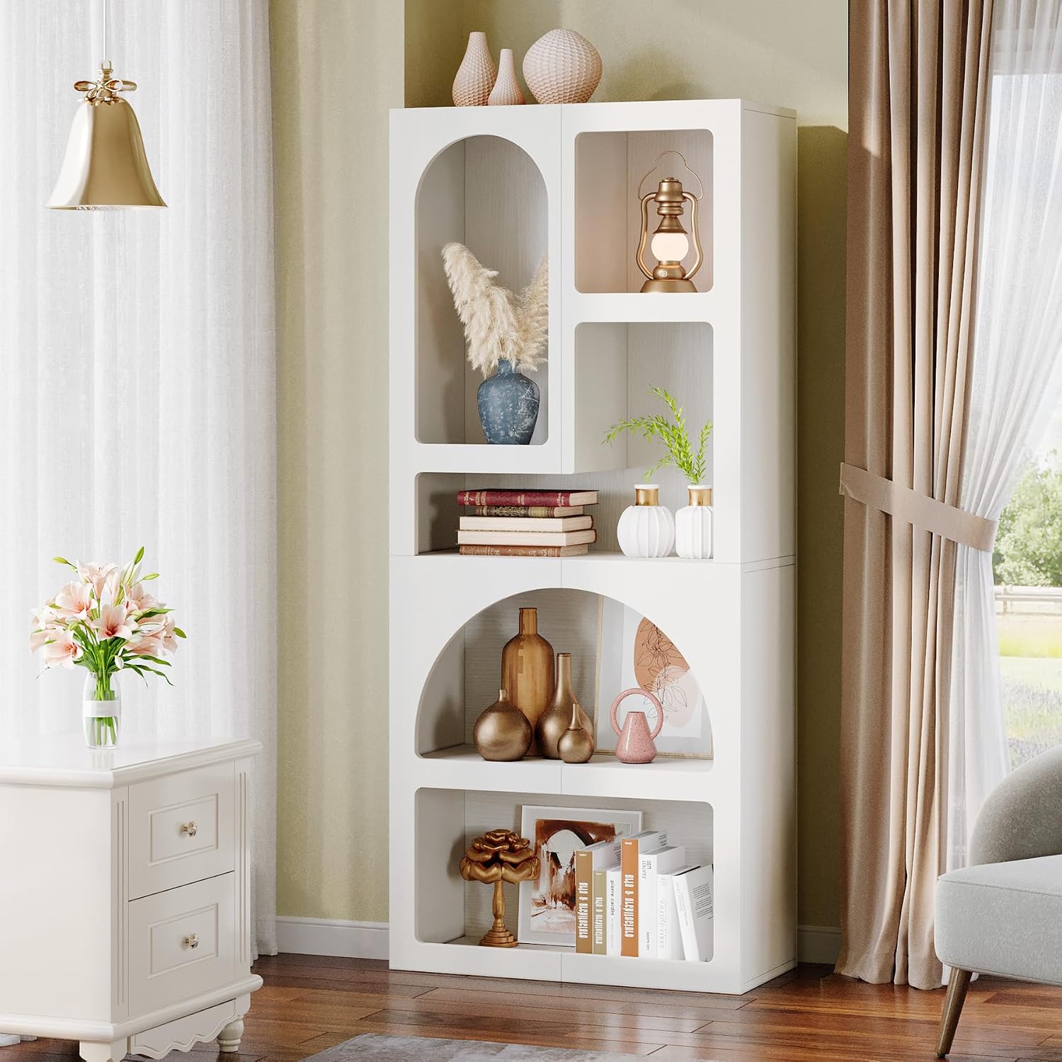 Tribesigns 70.87' Tall Geometric Bookshelf, White Arched Bookcase with 5 Irregular Storage Shelves, Modern Open Art Decor Display Shelf Free-Standing for Living Room, Bedroom, Closet