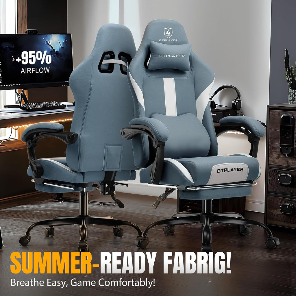 GTPLAYER Gaming Chair Ergonomic Office Chair with Foot Rest & Pocket Spring Cushion, High Back Computer Desk Chair with Headrest & Lumbar Support, Breathable Fabric Game Chair for Adults, Blue