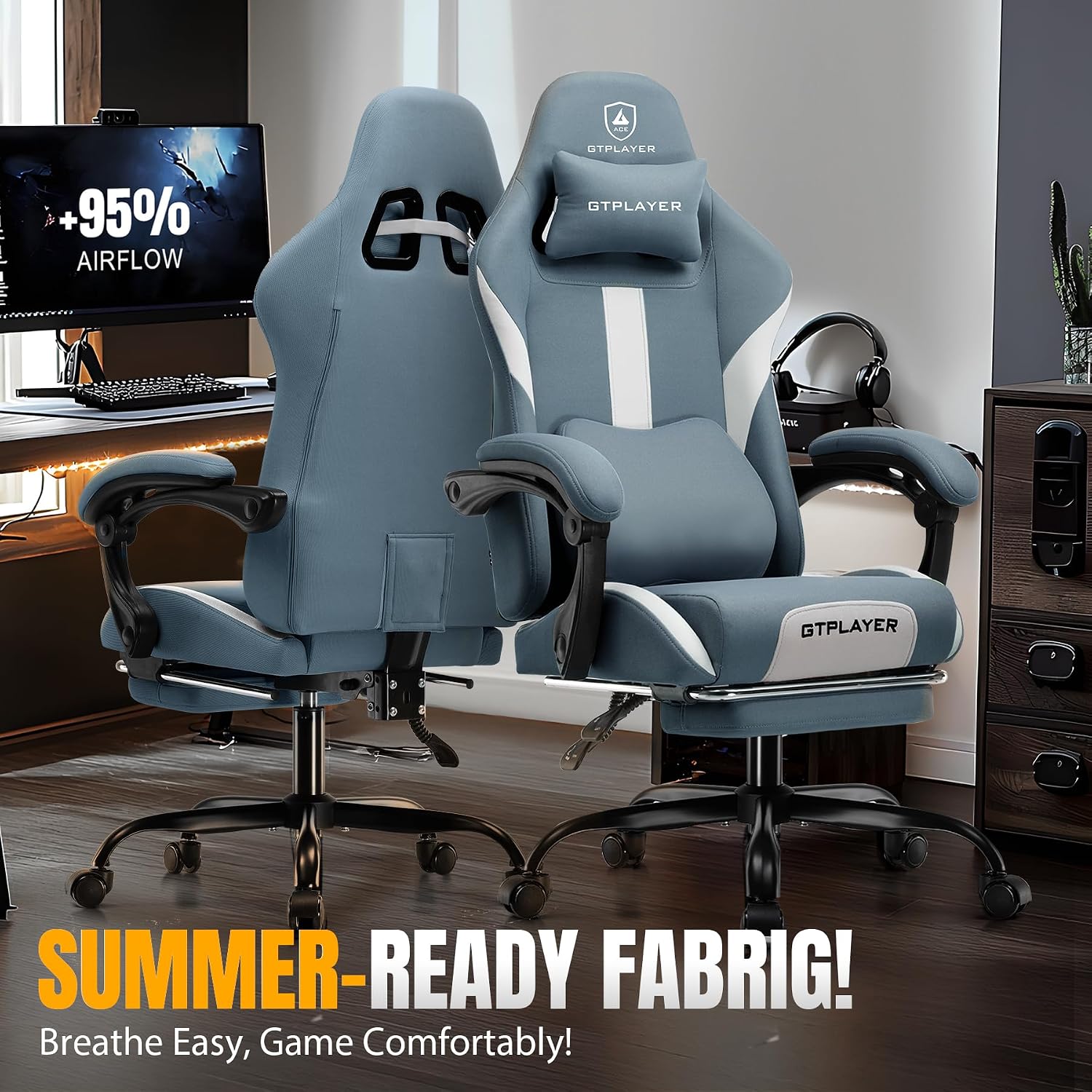 GTPLAYER Gaming Chair Ergonomic Office Chair with Foot Rest & Pocket Spring Cushion, High Back Computer Desk Chair with Headrest & Lumbar Support, Breathable Fabric Game Chair for Adults, Blue