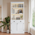 LUMISOL 83.4' Tall Bookshelf with Drawer and Cabinet, Freestanding Pantry Sideboard Cabinet with LED Lights, Solid Wood Tall Bookcase with Open Storage Shelves, White