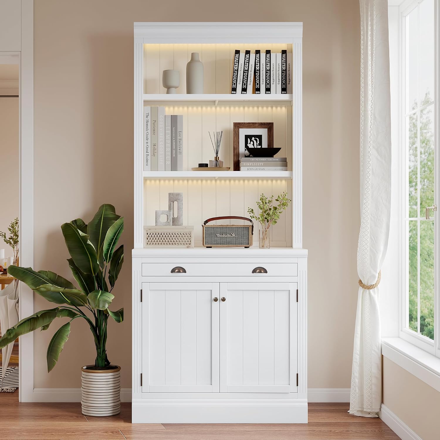 LUMISOL 83.4' Tall Bookshelf with Drawer and Cabinet, Freestanding Pantry Sideboard Cabinet with LED Lights, Solid Wood Tall Bookcase with Open Storage Shelves, White