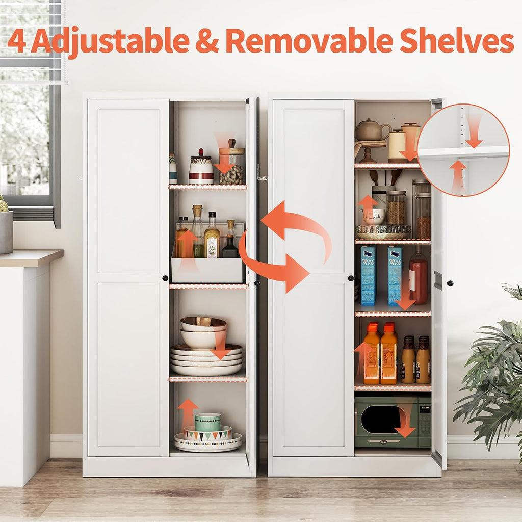 61' Kitchen Pantry Cabinet with 2 Doors and 4 Shelves,White Metal Garage Storage Cabinets,Freestanding Steel Tool Cabinet Utility Cabinets Cupboard for Kitchen,Living,Dining Room,Bathroom