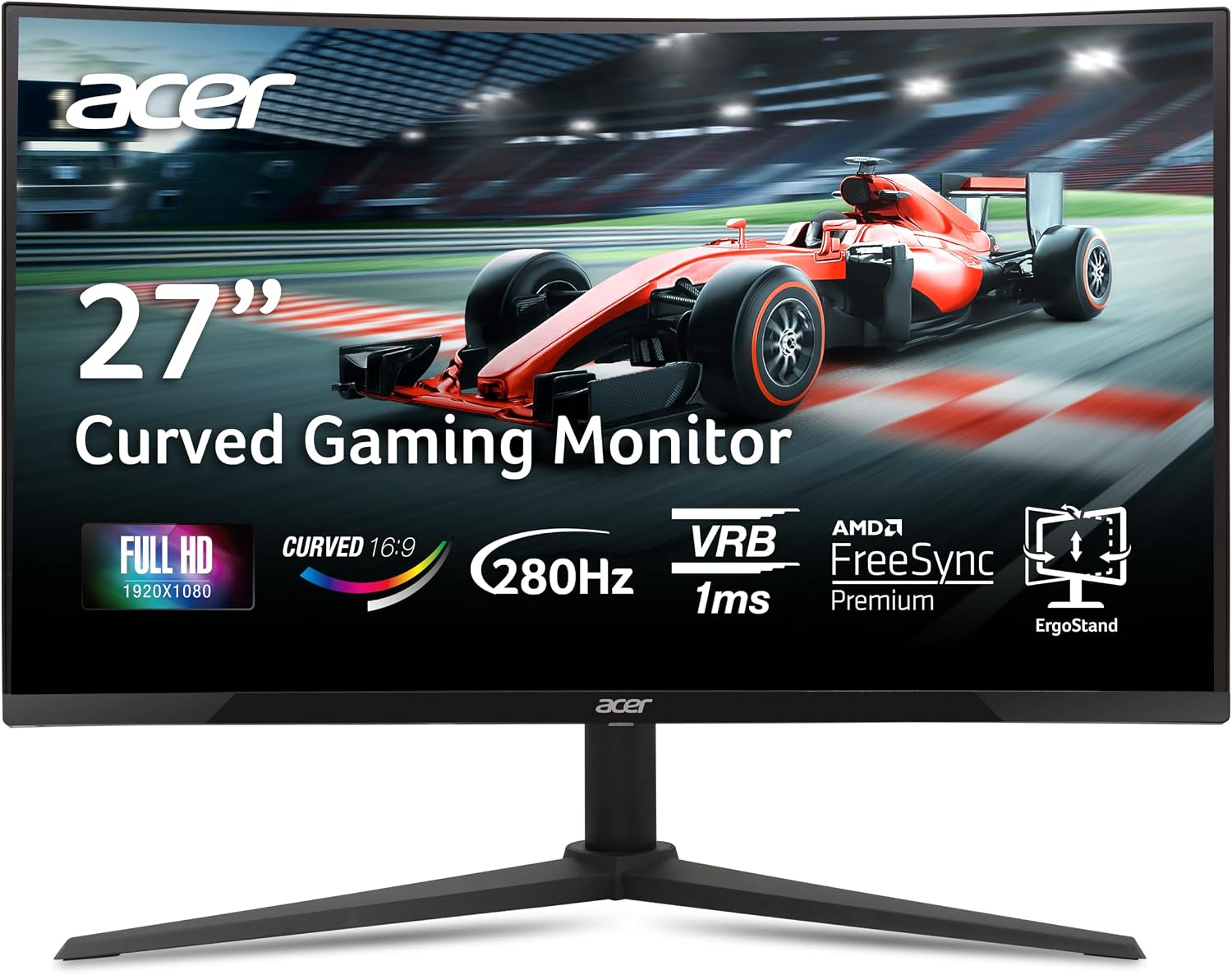 acer Nitro 27 Inch 1500R Curved Zero-Frame Full HD (1920 x 1080) Gaming Monitor | AMD FreeSync Premium | Up to 280Hz Refresh | 1ms VRB | One Display Port 1.4 and Two HDMI 2.0 Ports | XZ270