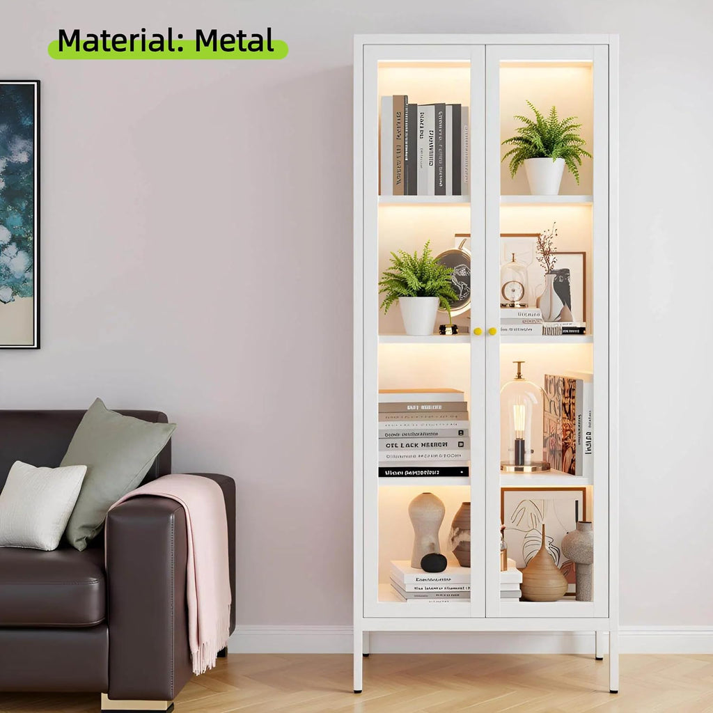 UNICOLY Display Cabinet with Glass Doors, Glass Display Cabinet with 3 Color LED Lights, Curio Display Cabinet with 3 Shelves for Living Room & Plant, Display Shelf, Assembly Required, White