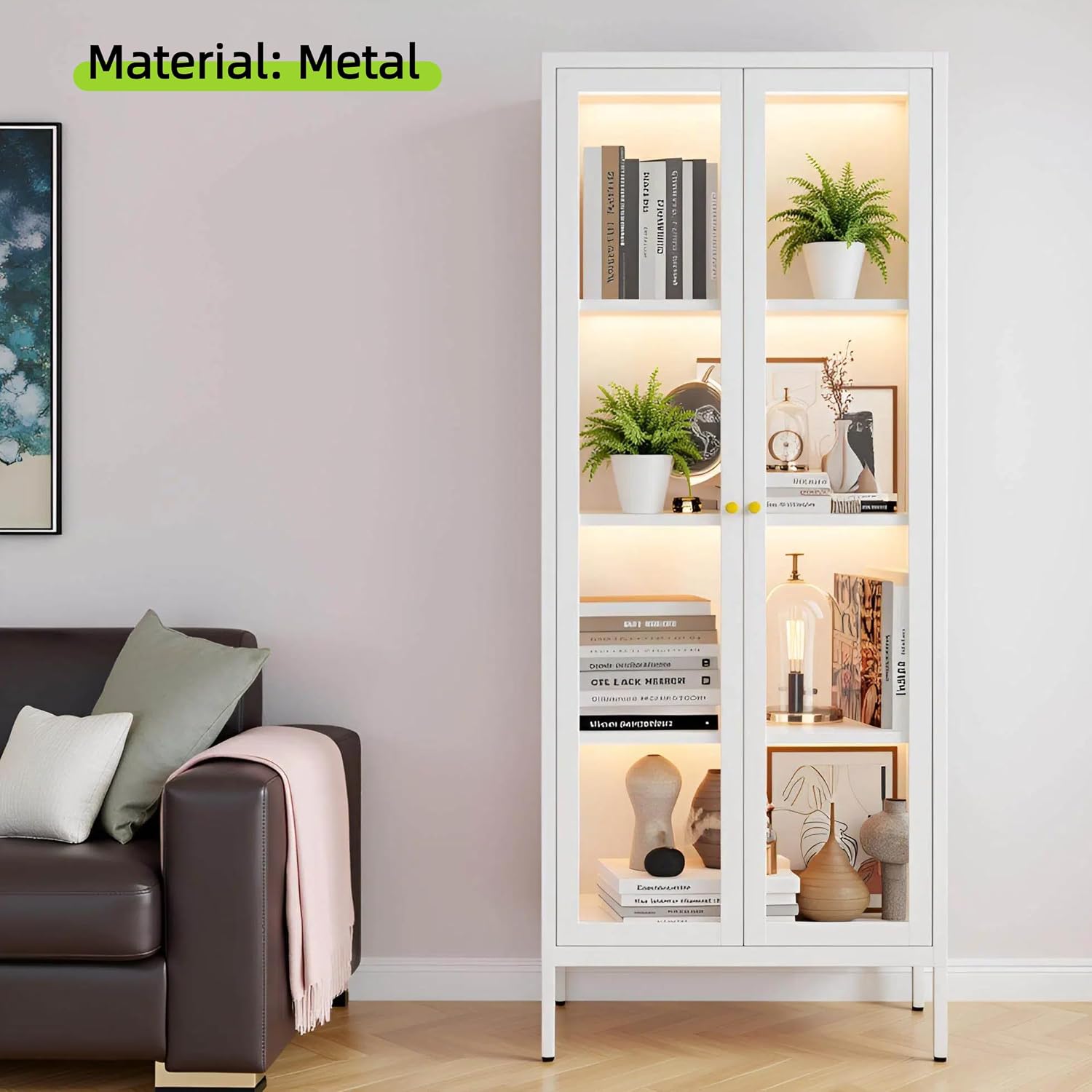 UNICOLY Display Cabinet with Glass Doors, Glass Display Cabinet with 3 Color LED Lights, Curio Display Cabinet with 3 Shelves for Living Room & Plant, Display Shelf, Assembly Required, White