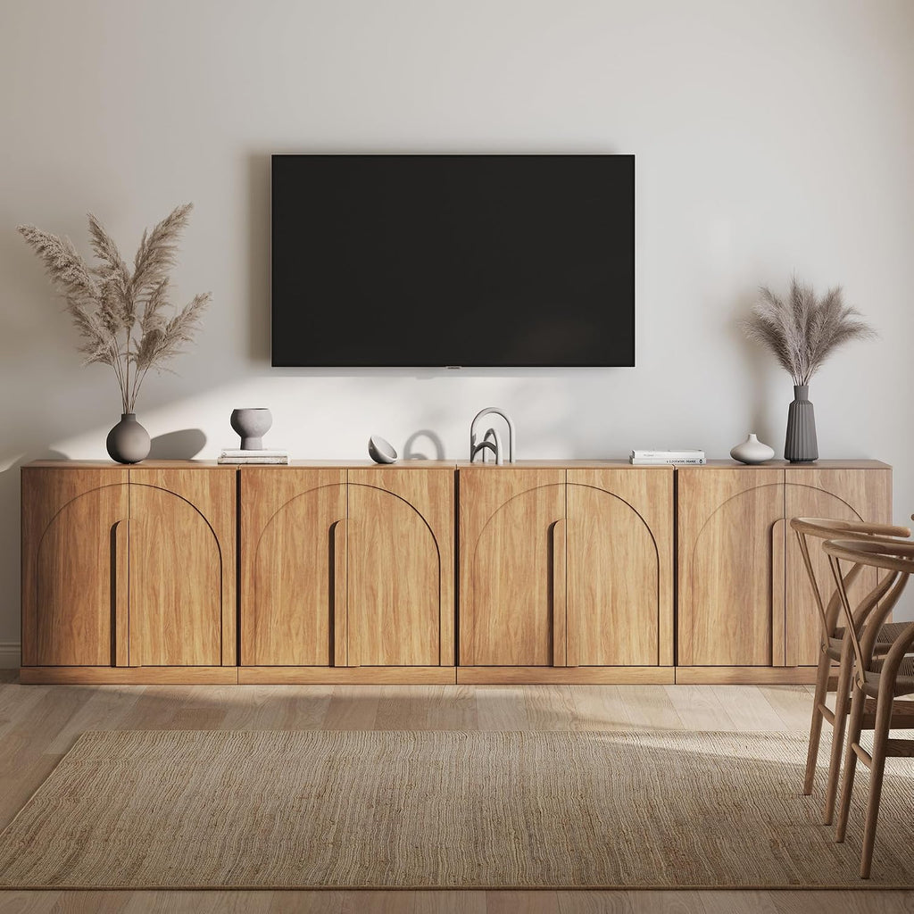 BELLEZE Bijou Set of 4 Wall-to-Wall Storage Cabinets (126' Wide) - Grand Sideboard Buffet System w/8 Arched Doors - Massive Entertainment Center & Display Console for Living Room, Office, Camel