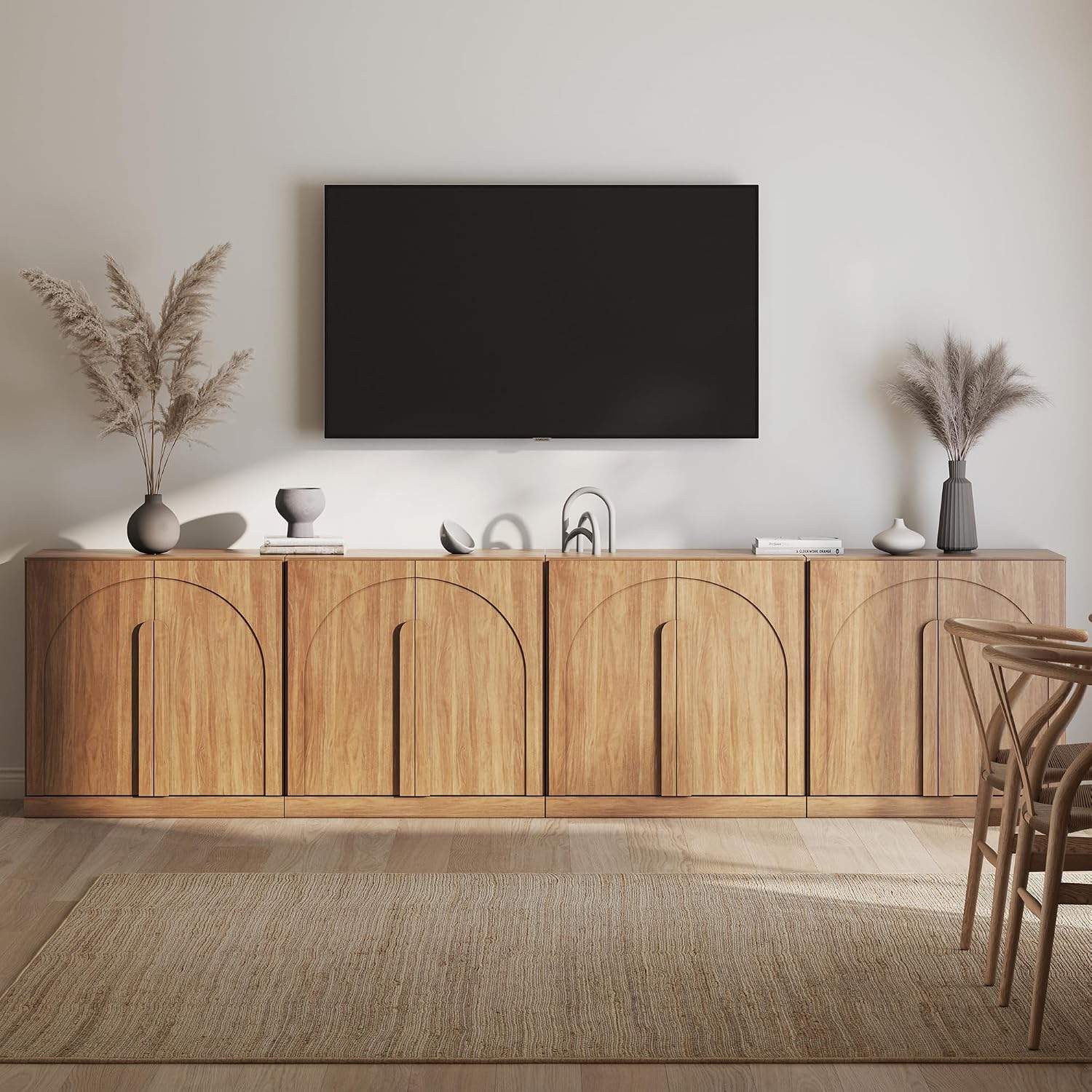 BELLEZE Bijou Set of 4 Wall-to-Wall Storage Cabinets (126' Wide) - Grand Sideboard Buffet System w/8 Arched Doors - Massive Entertainment Center & Display Console for Living Room, Office, Camel