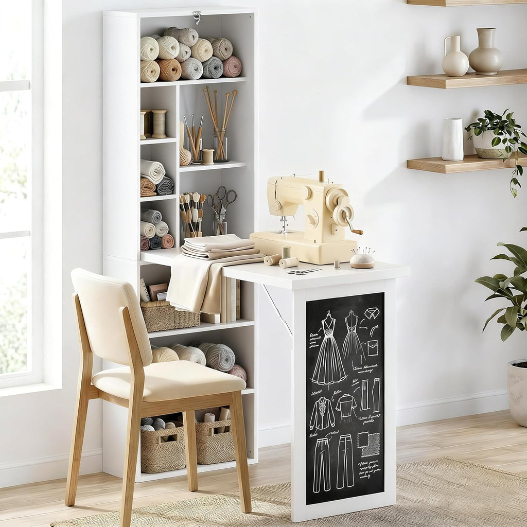 HOMCOM Foldable Convertible Writing Table, Wall Mounted Space-Saving Computer Desk with Chalkboard and Storage Shelves for Small Spaces, Home Office, Bedroom, Dorm, Apartment, White