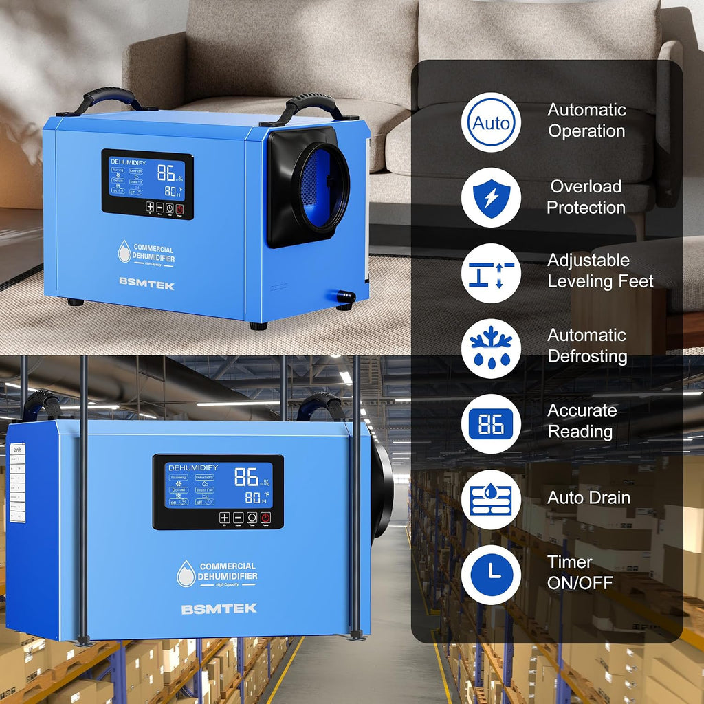 145 Pints Commercial Dehumidifier for Large Basements & Crawl Spaces up to 6500 Sq.Ft, Industrial Dehumidifiers for Water Damage Restoration, Auto Defrost, Continuous Drain Hose, Blue-2PC