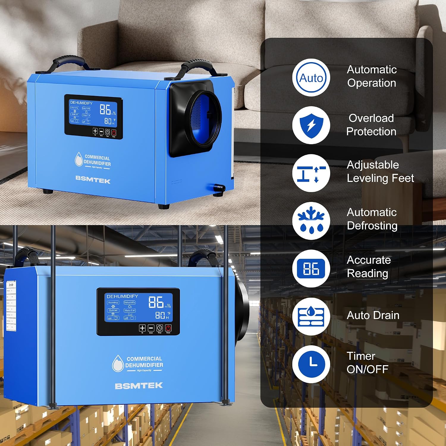 145 Pints Commercial Dehumidifier for Large Basements & Crawl Spaces up to 6500 Sq.Ft, Industrial Dehumidifiers for Water Damage Restoration, Auto Defrost, Continuous Drain Hose, Blue-2PC