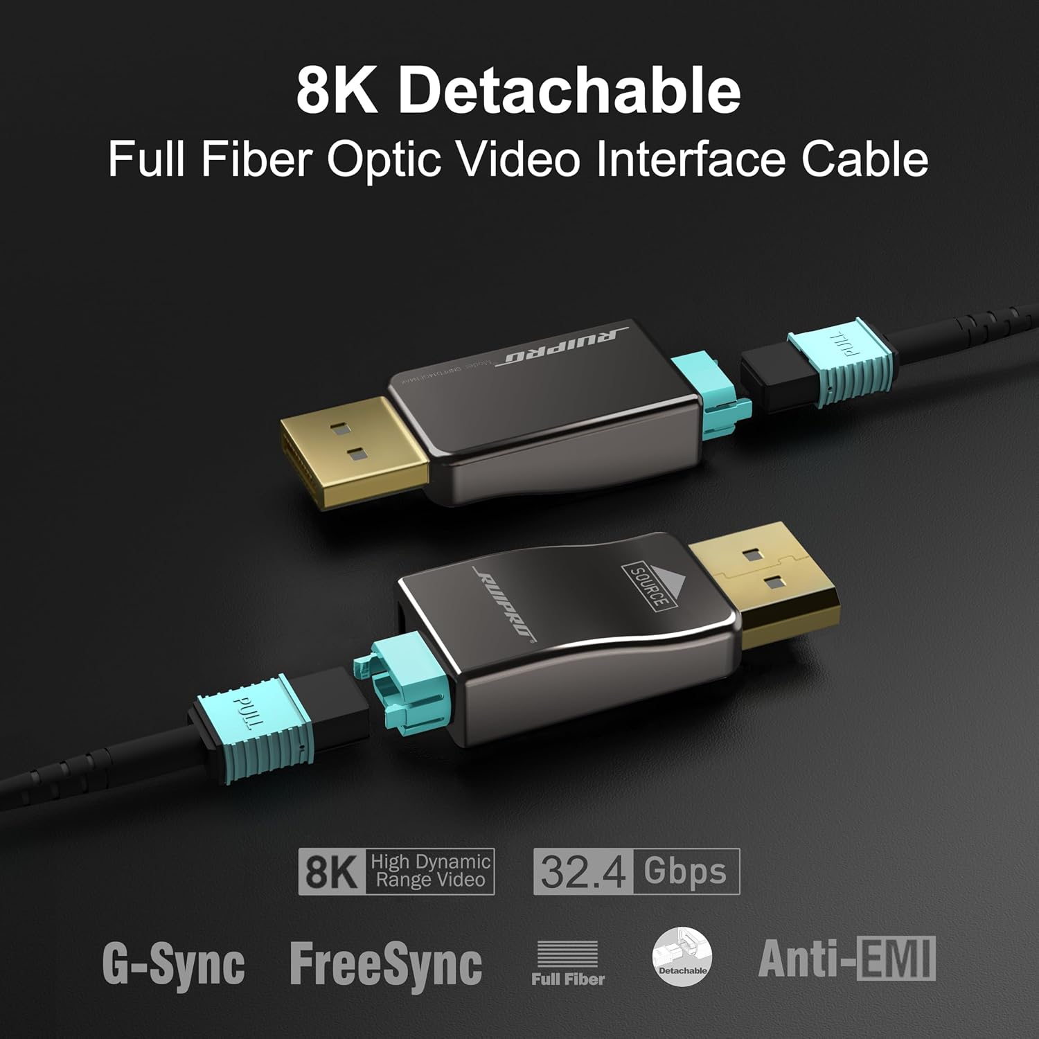 RUIPRO 8K Detachable Full Fiber Optic Armored 8K60Hz Cable 1.4 65FT, 32.4 Gbps, Supports 4K@144Hz, HDR, HDCP 2.2&2.3, FreeSync & G-Sync, Compatible with RTX 4090/3090 Ti/RX 7900 XTX