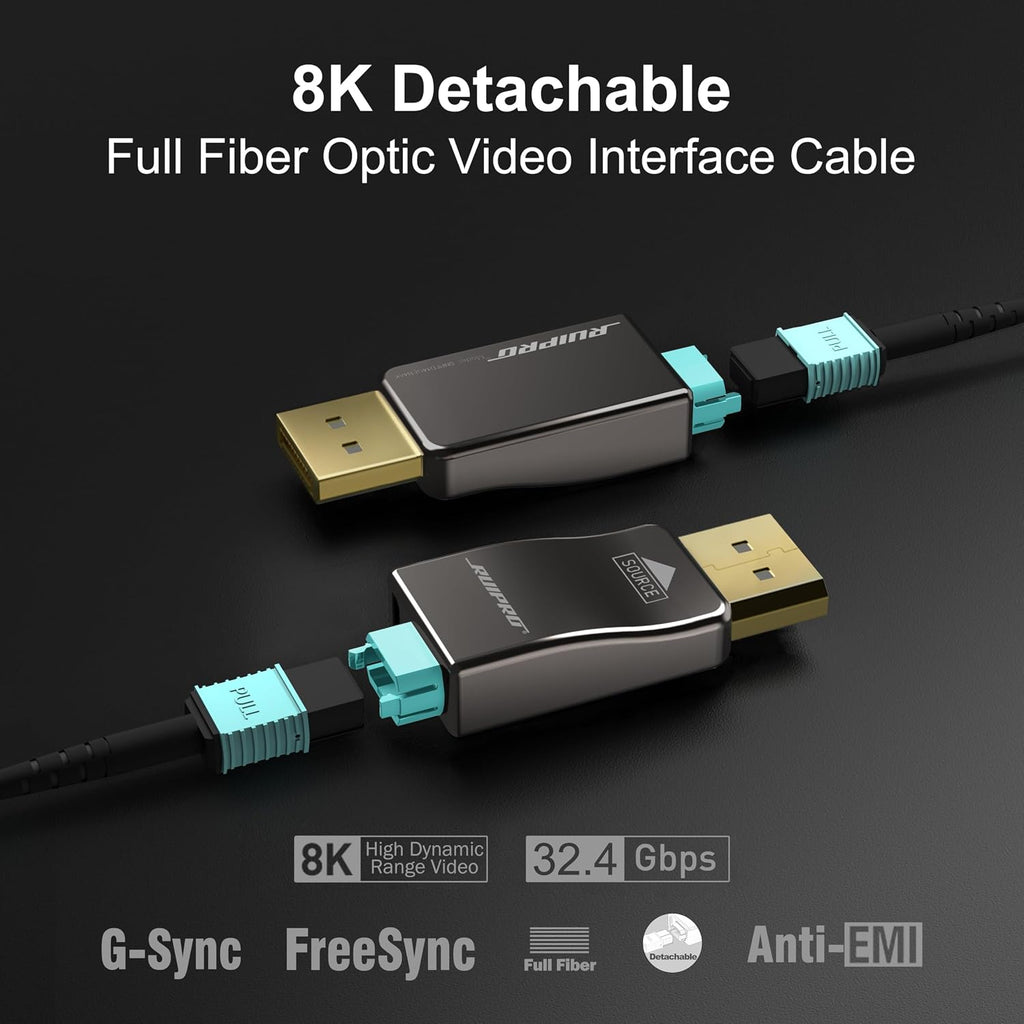 RUIPRO 8K Detachable Full Fiber Optic Armored 8K60Hz Cable 1.4 100FT, 32.4 Gbps, Supports 4K@144Hz, HDR, HDCP 2.2&2.3, FreeSync & G-Sync, Compatible with RTX 4090/3090 Ti/RX 7900 XTX