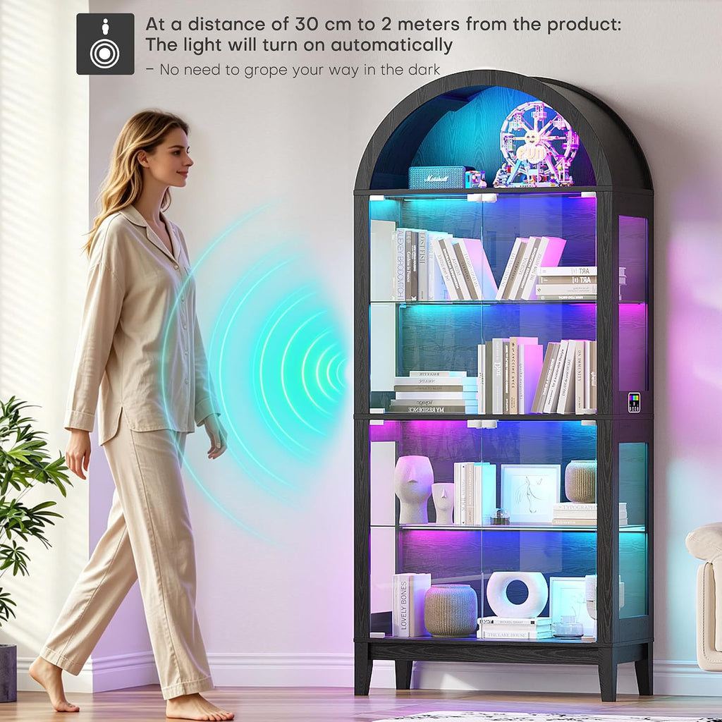 WOOVIVS Glass Display Cabinet with RGB Lights, 69' Tall Curio Cabinet with Rebound Tempered Glass Door, 5-Tier Adjustable Display Case for Living Room (Black)