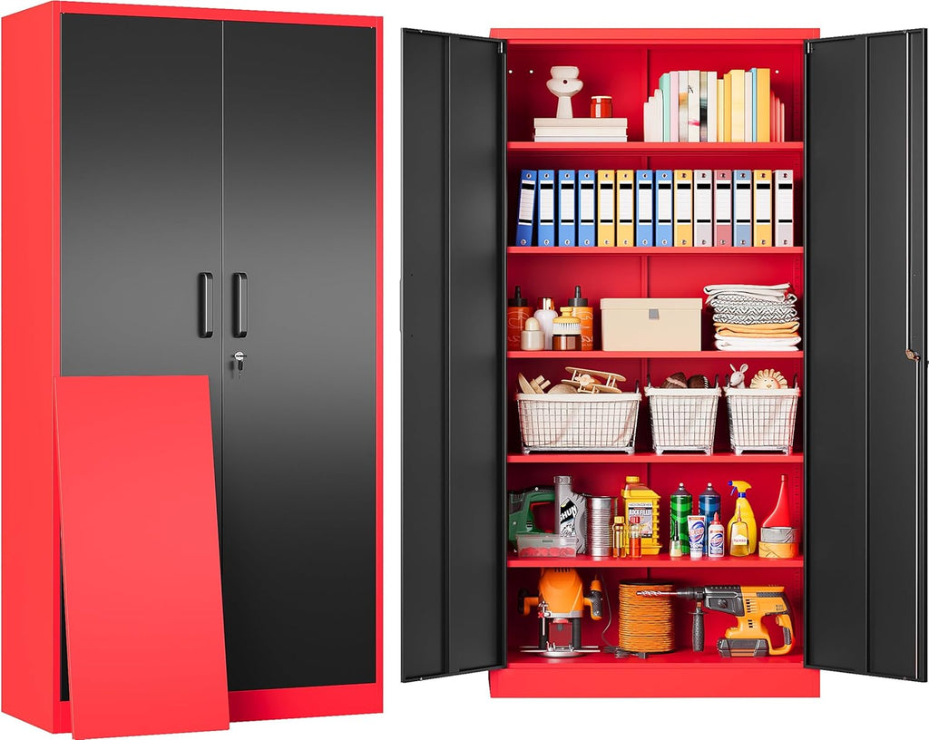6 Tier Garage Storage Cabinet with 5 Adjustable Shelves,Metal Storage Cabinet with Lock,Red Black Metal Cabinet with Locking Doors,Steel Locker,71' Lockable Storage Cabinets for Home,Office,Garage