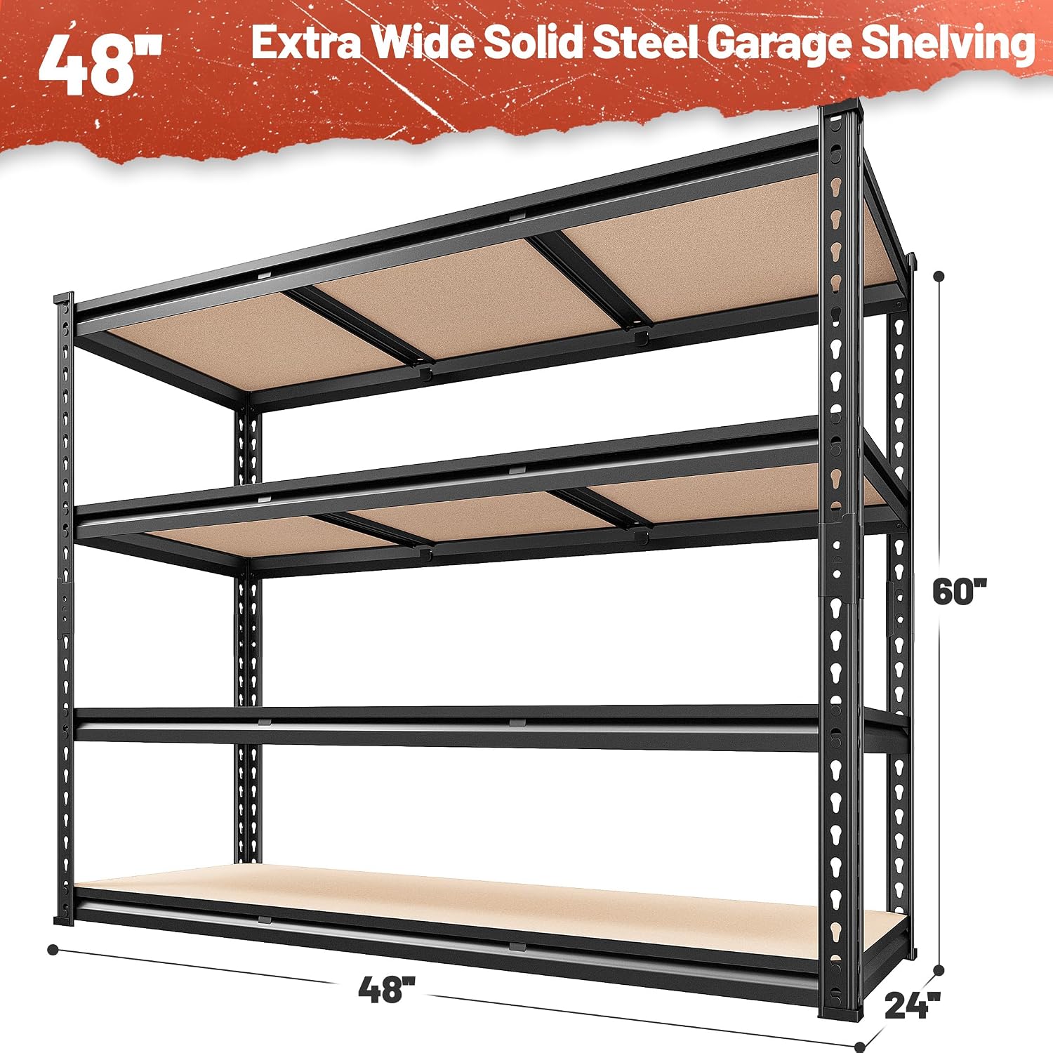 REIBII 48' W Garage Shelving Heavy Duty 2550 LBS Storage Shelves 4 Tier Heavy Duty Shelving, Adjustable Metal Shelves, Industrial Shelf for Garage, Warehouse, Pantry, 48' W x 60' H x 24' D
