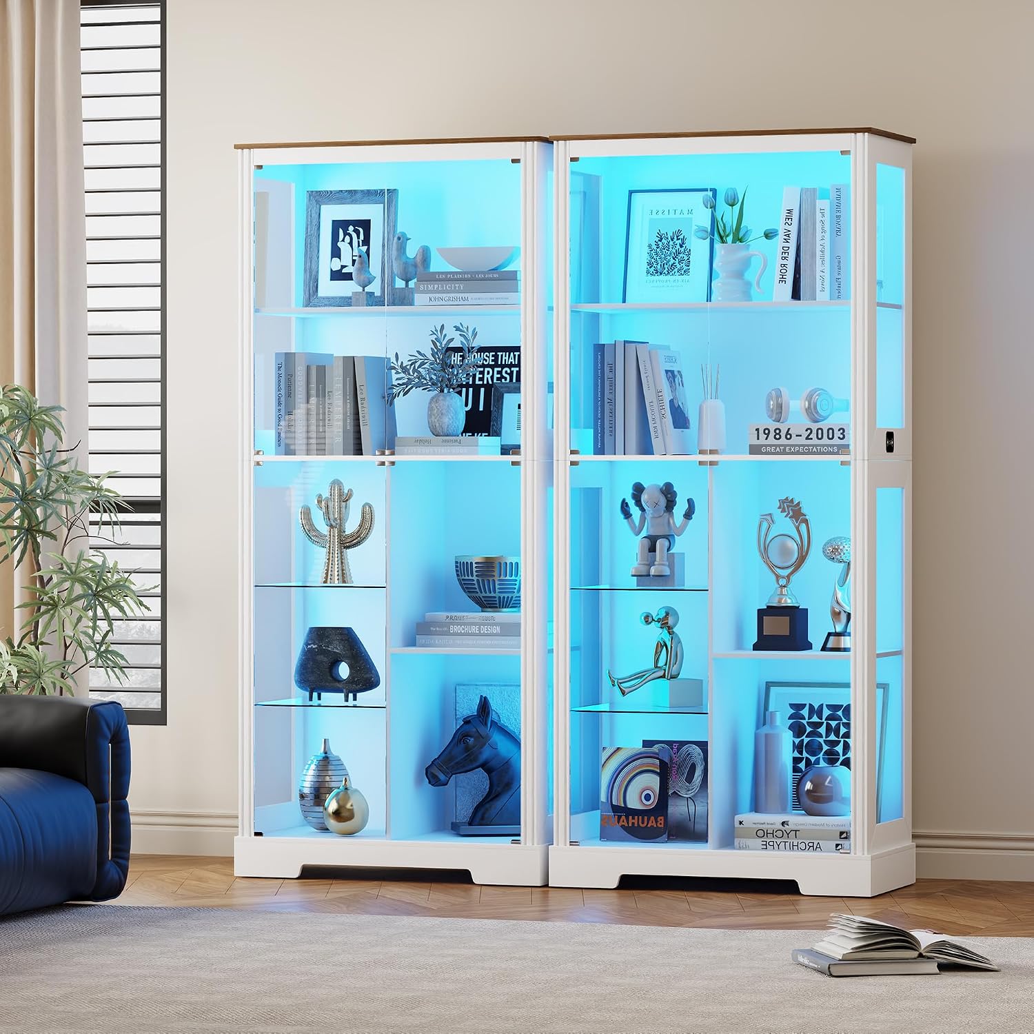 HNEBC 71'' Display Cabinet with 5-Tier and 3 Color Lights for Books Toys Liquor,Curio Cabinet with Human Body Bookcases for Bedroom, Living Room,White