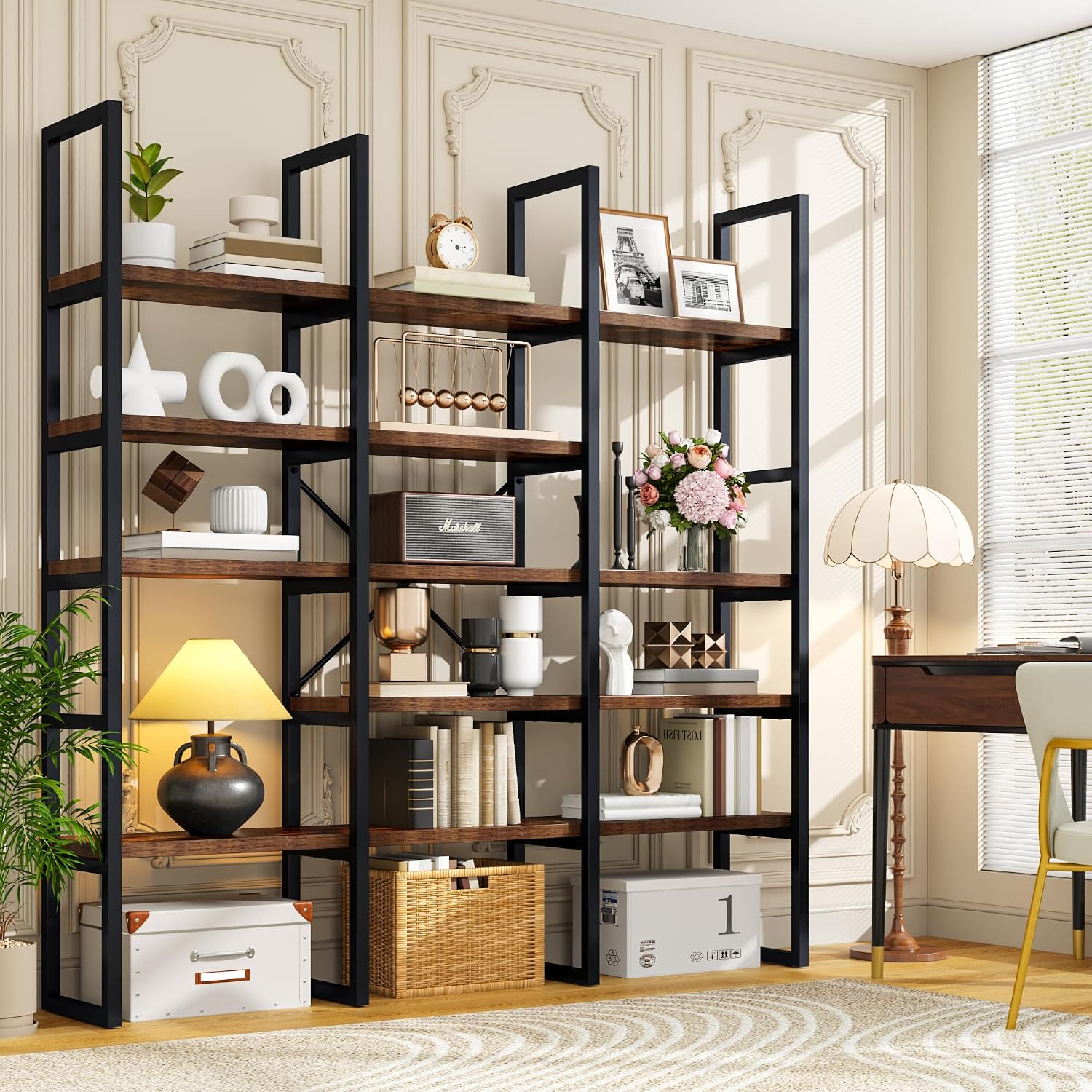 Large Bookshelf 5 Tiers, Triple Wide Geometric Bookcase, 71 Inches Tall Industrial Book Shelves Etagere Book Case, Sturdy Metal Frame, Freestanding Display Shelving Unit, Brown