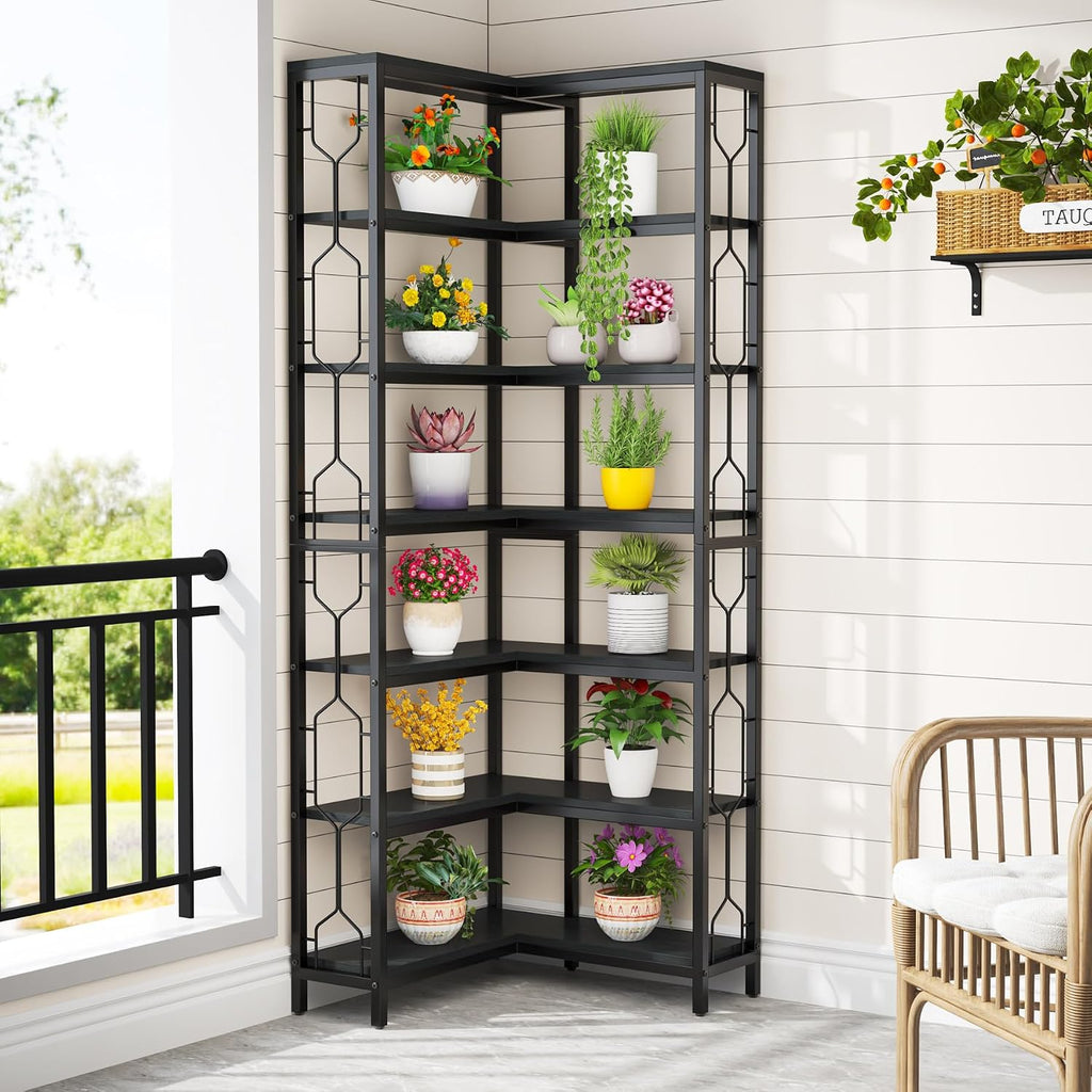 Tribesigns Corner Shelf, 7-Tier Industrial Corner Bookshelf, Wood and Metal Corner Etagere Bookcase, Freestanding Display Shelf for Living Room, Kitchen, Home Office, Light Black